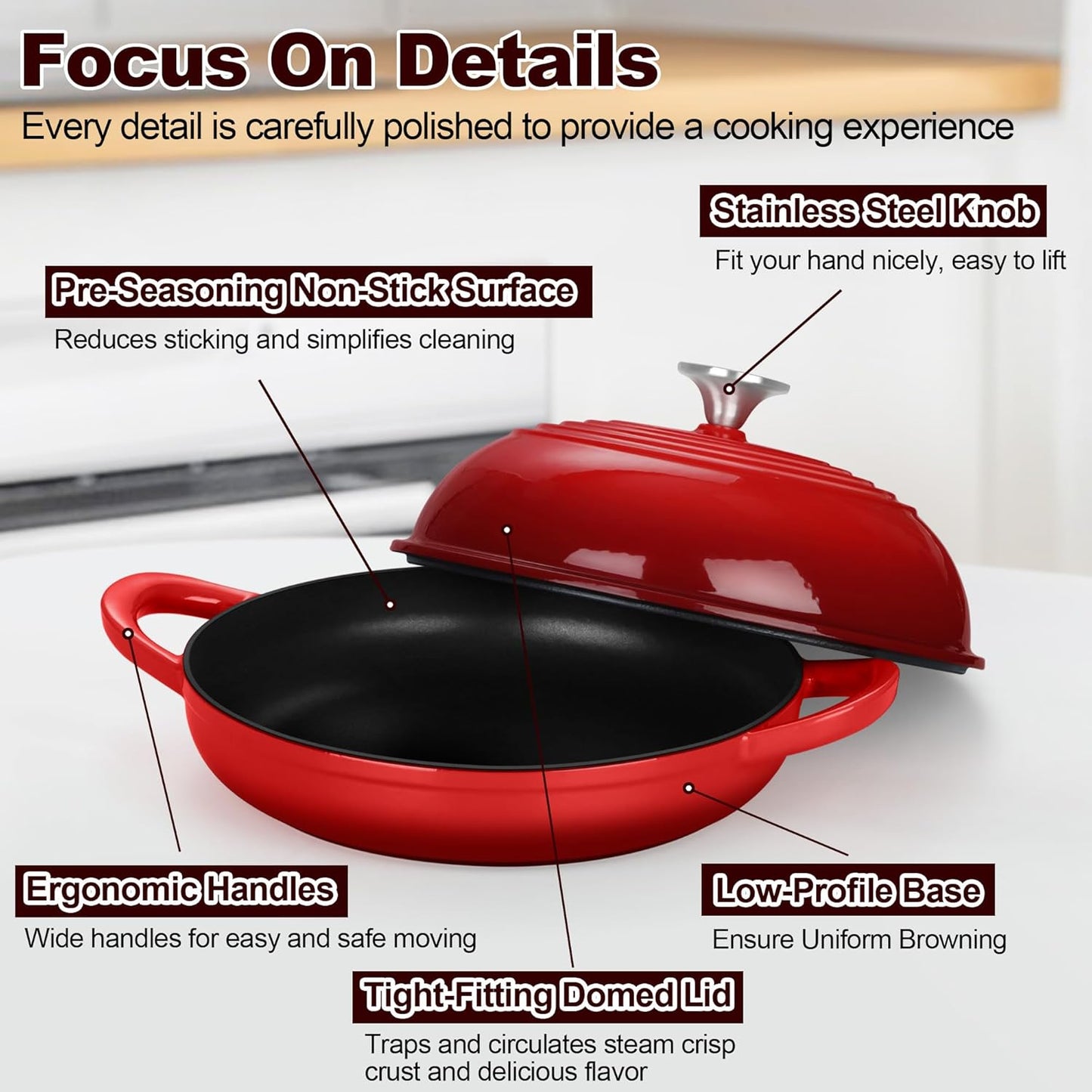 TeamFar Cast Iron Bread Dutch Oven, 6 Qt Enameled Dutch Oven Pot for Sourdough Bread Baking, with Tall Dome Lid & Round Base Pan, Self-Basting & Even-Heating, Heavy-Duty & Non-stick, Red