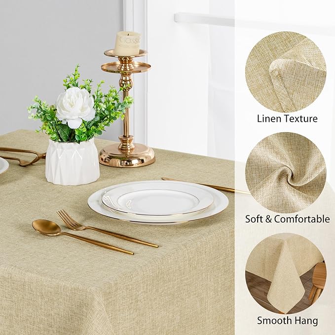 JIUZHEN 2 Pack Faux Linen Farmhouse Tablecloth Rectangular, Wrinkle Stain Resistant Table Cloth Rectangle Table Cover for Kitchen Dining, Beige, 54 x 80 Inch