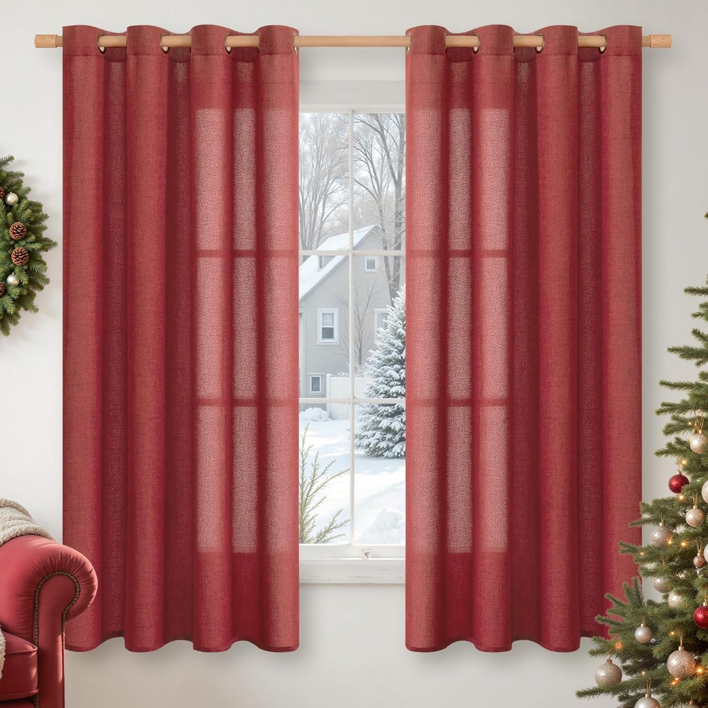 YoungsTex Red Linen Curtains 63 Inch Length for Living Room, Light Filtering Window Drapes with Bronze Grommet Privacy Christmas Decorative for Bedroom, 52 x 63 Inch, 2 Panels