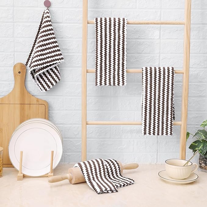 Homaxy Kitchen Towels(12 Pack, 10 x 20 inches), Ultra Soft and Absorbent Dish Towels, Reusable Fast Drying Microfiber Cleaning Cloth, Coral Velvet Wave Design No-lint, Brown