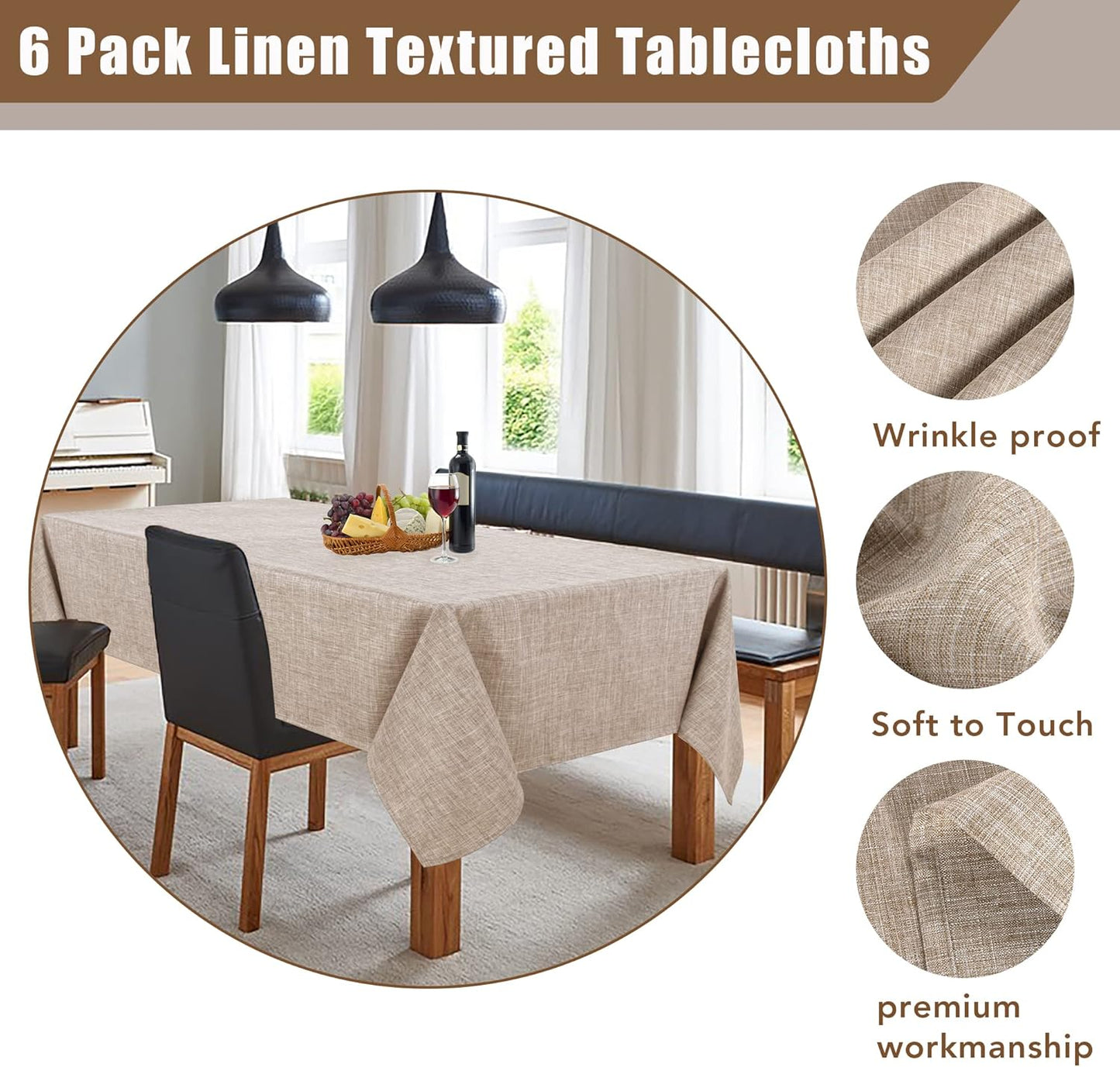 Fitable Nature Faux Linen Tablecloths Rectangle 60 x 84 Inch - 6 Pack Neutral Table Clothes for 4 Foot Tables, Wrinkle-Proof Faux Burlap Table Covers for Dining, Farmhouse, Outdoor Picnic, Camping