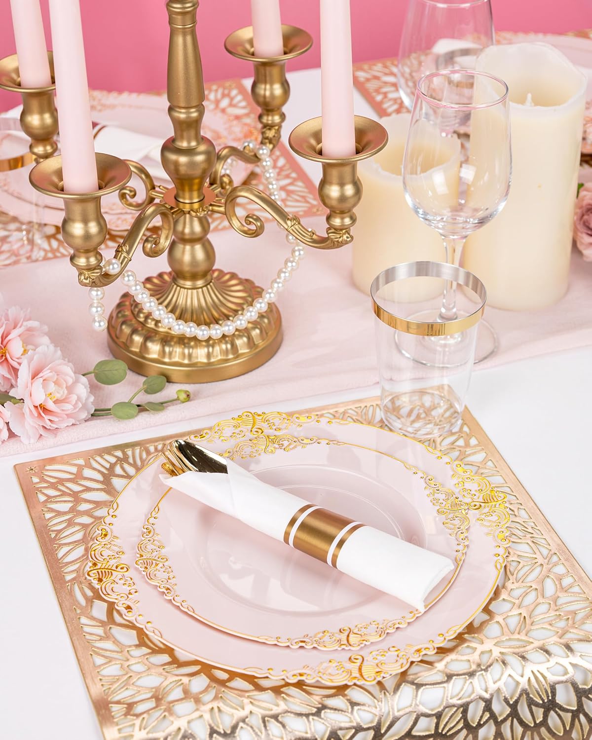 Nervure 700PCS Pink Gold Plastic Plates - Pink Plastic Dinnerware Sets for 100 Guests - 200 Disposable Plates, 300 Silverware, 100 Cups, 100 Napkins for Wedding, Birthday & Party