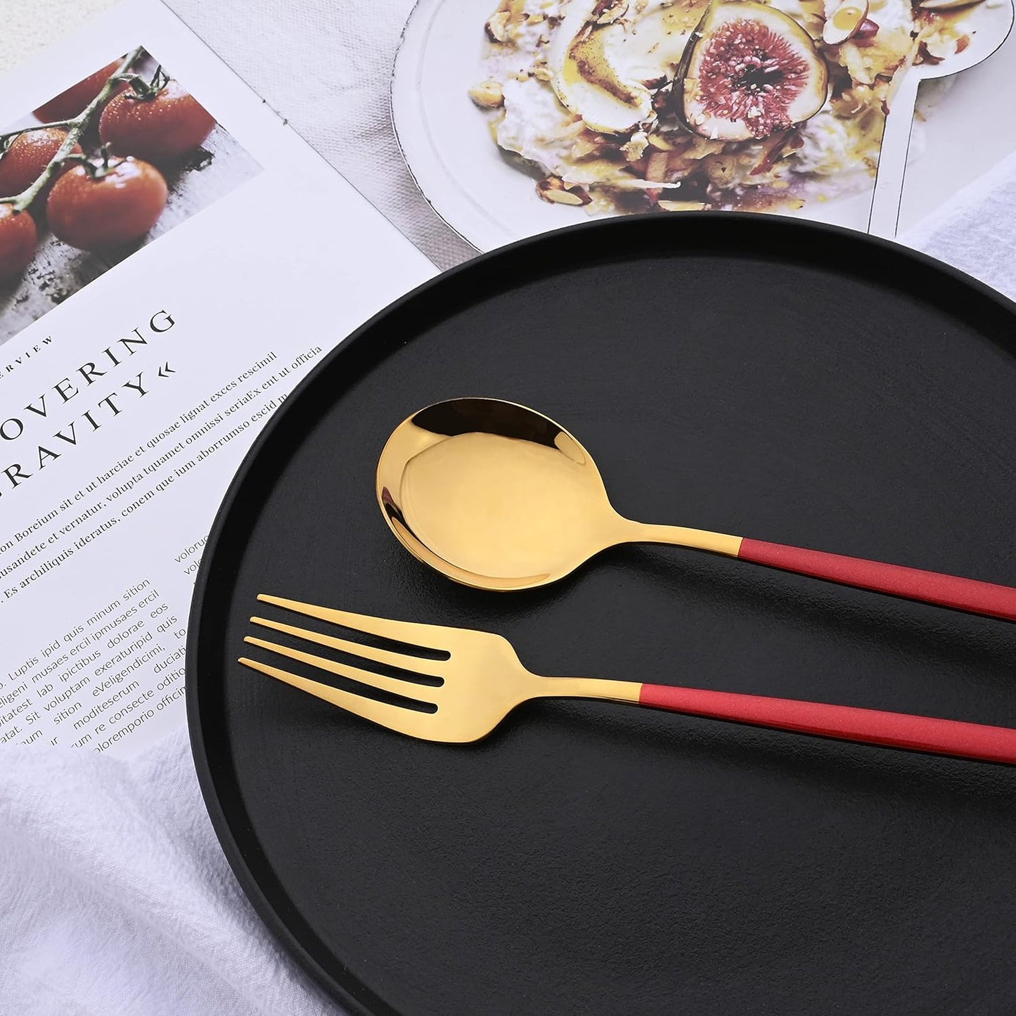 Silverware Set – 20 Piece Family Dinnerware Set – Flatware Set Service For 4 – Red Gold Tableware Sets – Cutlery Great For Family Gatherings & Daily Use – Spoons, Knives, Forks