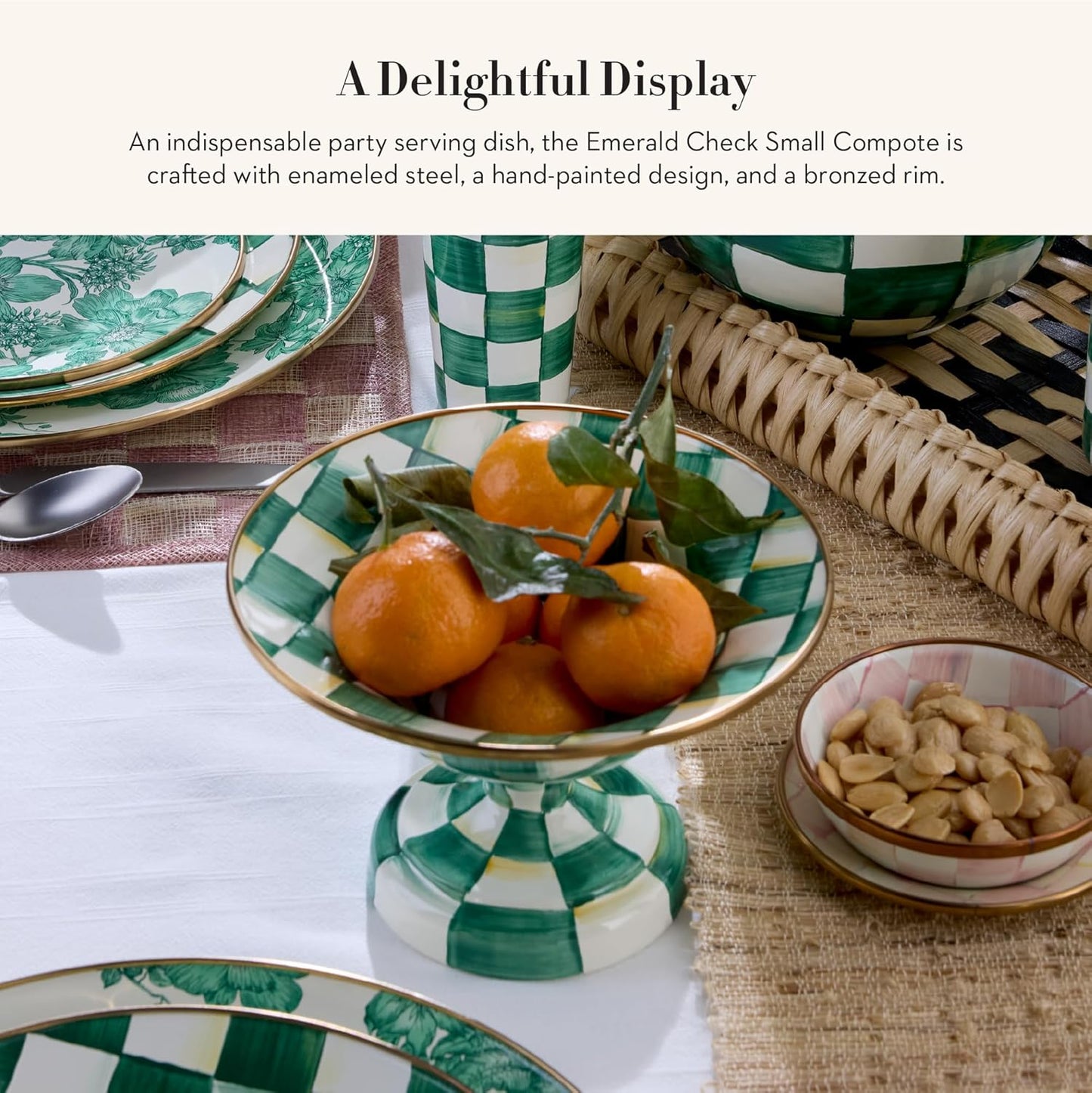 MACKENZIE-CHILDS Enamel Compote, Cute Enamel Pedestal Serving Dish or Decorative Bowl, Small, Green-and-White Emerald Check