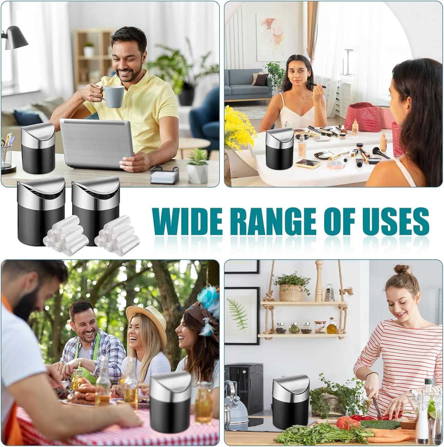 2 Pcs Desk Trash Can with Swing Lids, 12 Rolls of Trash Bags, 2L Brushed Stainless Steel Countertop Garbage Bin Small Wastebasket with Lid for Office Desk, Coffee Table(Matte Black)