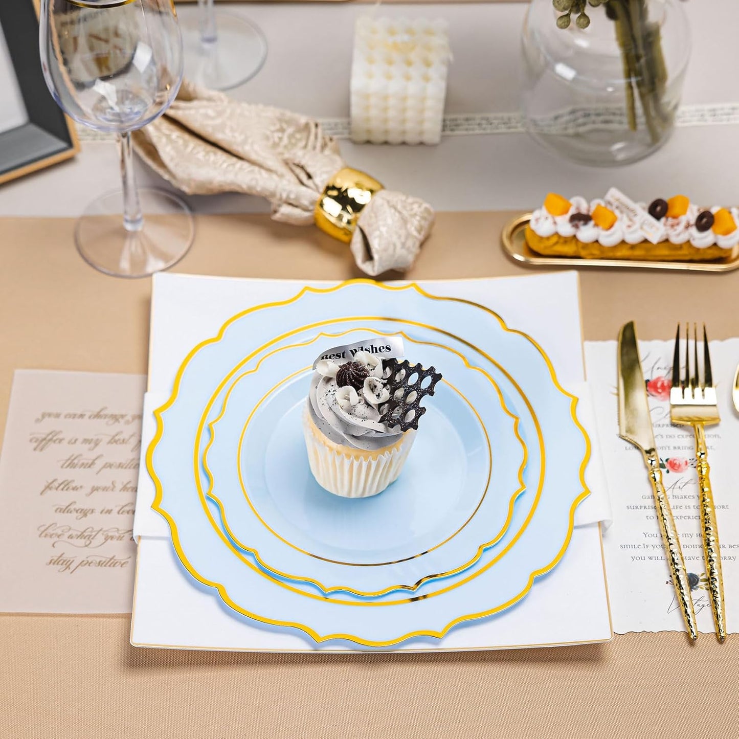 120PCS Blue Plastic Plates, Disposable Elegant Party Plate with Gold Rim, Heavy Duty 60 Dinner and 60 Dessert Fancy Plates for Party and Wedding