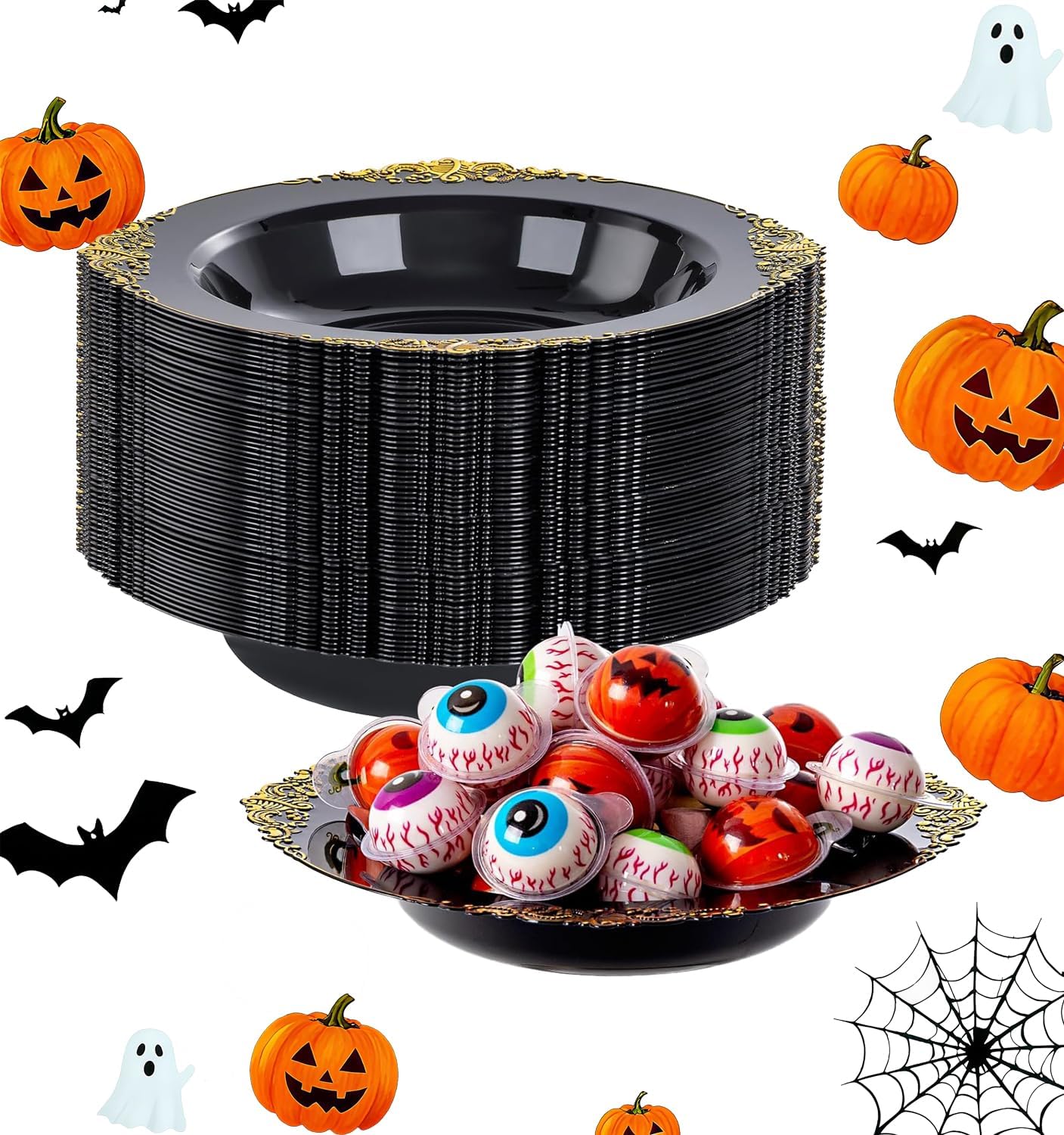 100PCS Black Plastic Bowls - 12 oz Black Gold Disposable Salad Bowls - Heavy Duty Soup Serving Bowl - Fancy Plastic Candy Bowl for Weddings, Parties, Dinners, Catering, Picnics, Halloween Party