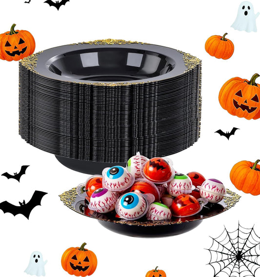 100PCS Black Plastic Bowls - 12 oz Black Gold Disposable Salad Bowls - Heavy Duty Soup Serving Bowl - Fancy Plastic Candy Bowl for Weddings, Parties, Dinners, Catering, Picnics, Halloween Party