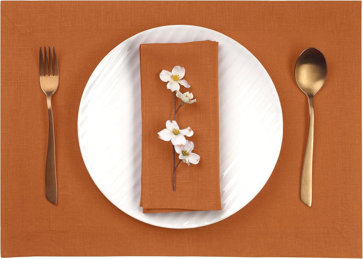 D'Moksha Homes Linen Rust Placemats Set of 4-100% Pure Linen Placemats 14 x 19 Inch for Fall and Halloween - Handcrafted and Machine Washable