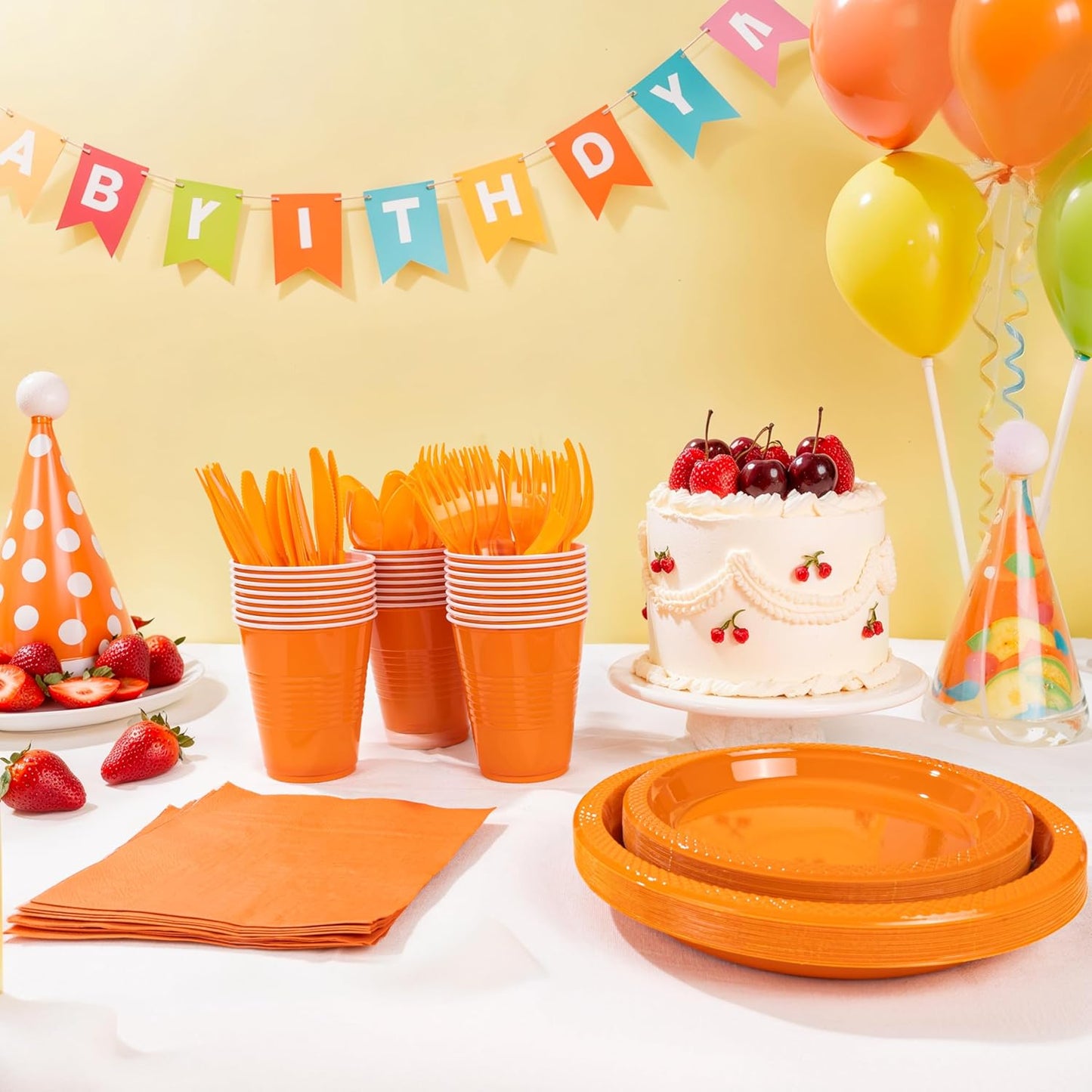 MirthMood 350PCS Orange Plastic Plates,Orange Disposable Plates Set– Plastic Plates Set Includes 50 Dinner,50 Dessert Plate,50 Cup&50 Napkins, 50 orange Silverware for Wedding & Birthday Parties