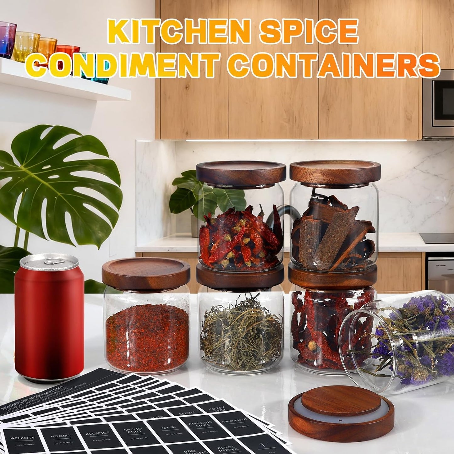 Glass Spice Jars Seasoning Containers Small Glass Jars with Lids Airtight Food Storage Canister for Kitchen Pantry Sugar Tea Coffee Bean Nuts Cookies Herbs Salt (16oz/473ml*6 pack)
