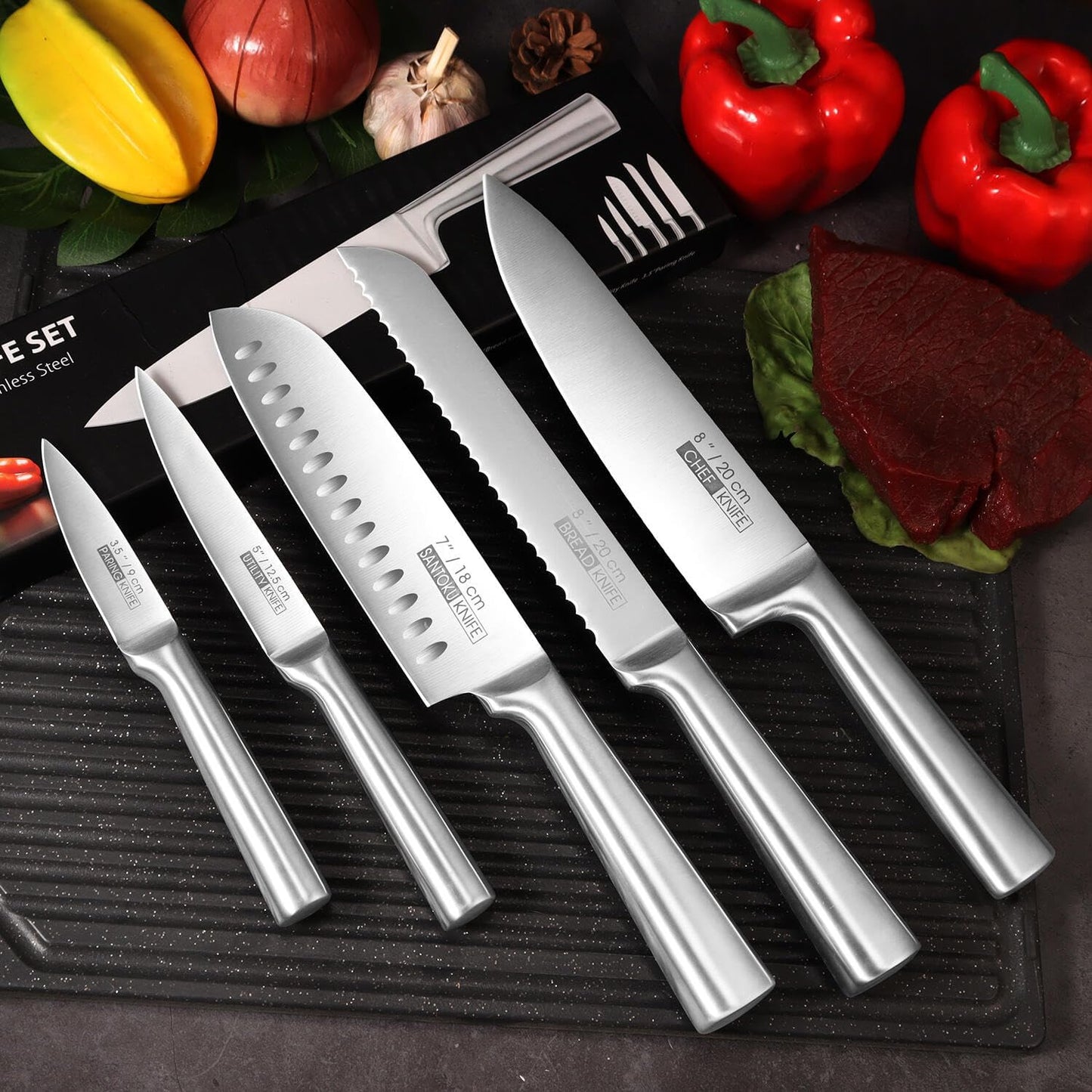 KOFERY 5-Piece Kitchen Knife Set - Razor-Sharp Stainless Steel Blades with Integrated Ergonomic Handle - Easy Clean and Ideal for Culinary Masters