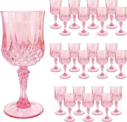 24 PCS Pink Plastic Wine Glasses,Reusable Plastic Wine Glasses,Pink Goblet Glass,Durable and Sturdy Cups Can Be Used for Various Parties Such as Weddings!