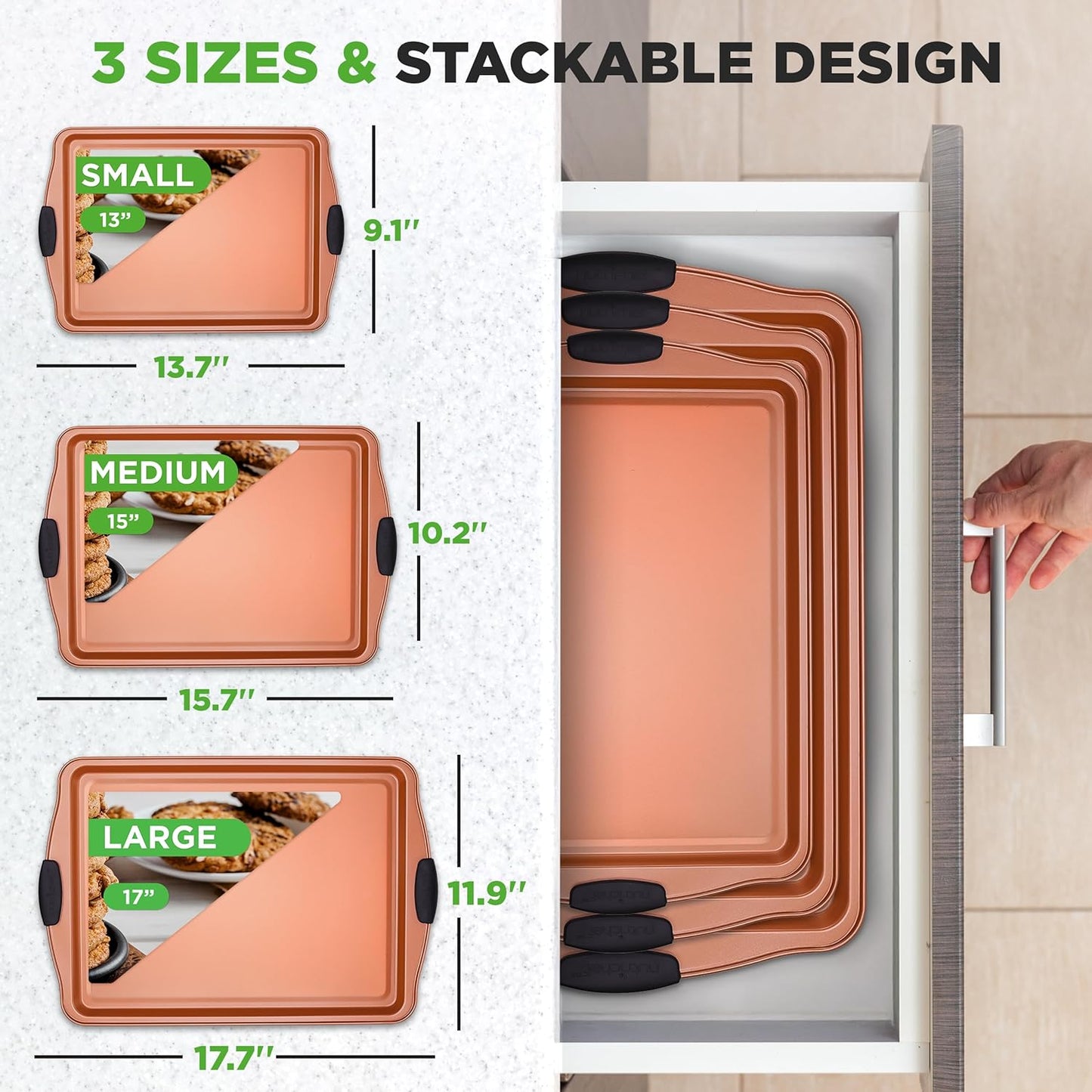 NutriChef 3 Piece Cookie Sheets for Baking - PFOA, PFOS, PTFE Free Nonstick Carbon Steel Bakeware Set - Home Kitchen Bake Pan Cookie Sheet Stackable Baking Sheet w/Black Silicone Handles NCSBS3S45