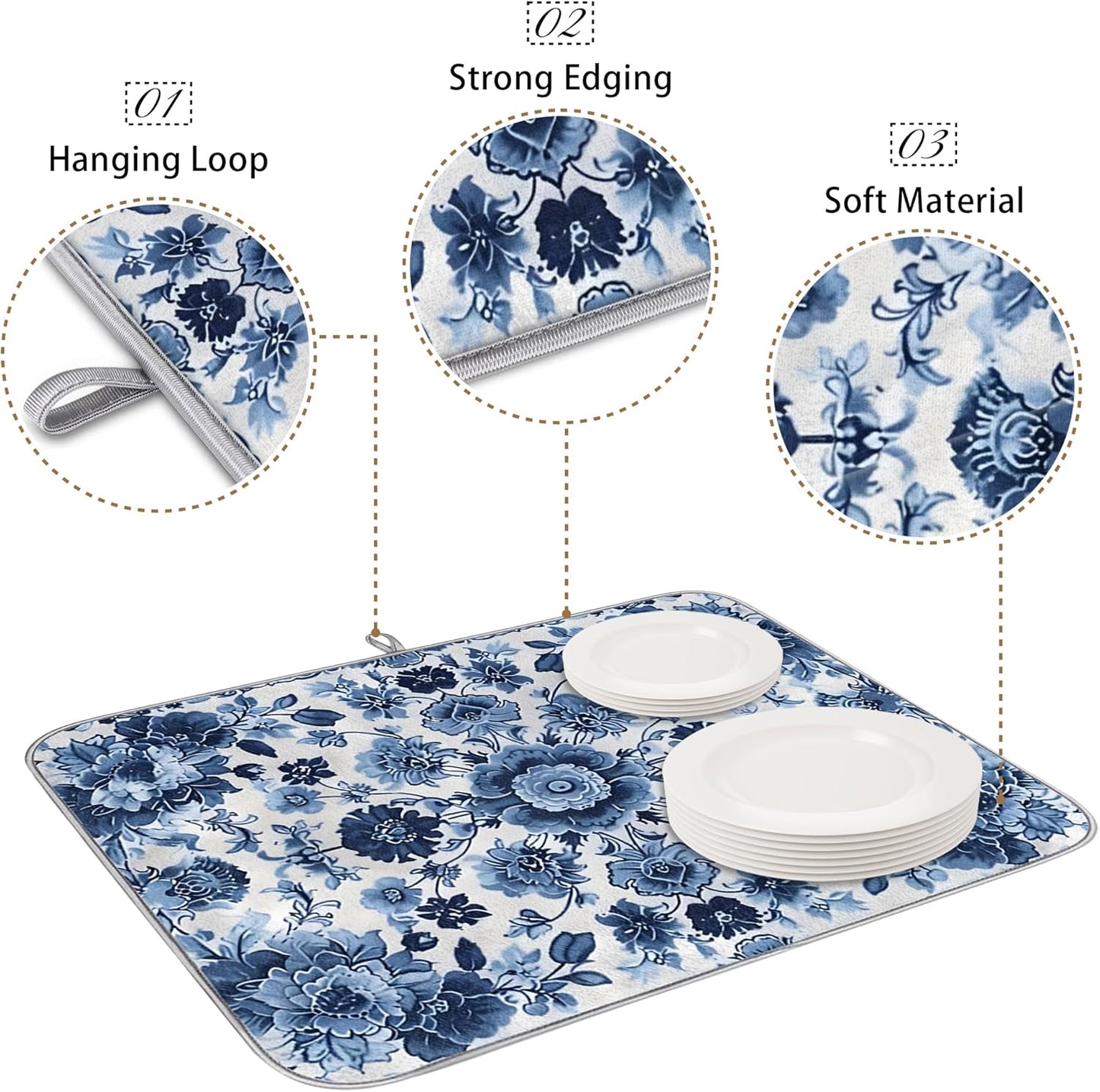 Dish Drying Mat for Kitchen - Blue Flower Print Microfiber Kitchen Mat, Watercolor Non-Slip Absorbent Sink & Countertop Protector, Reusable for Dishes Bowl Cup Pan 18x24 Inches