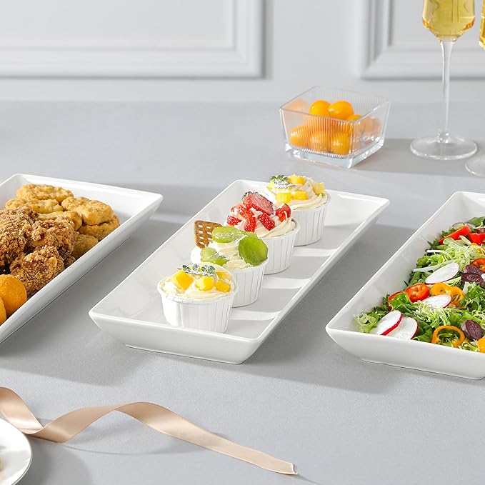 MALACASA 3 Tier Serving Trays for Party, 14 Inch Porcelain White Trays for Serving Food, Dessert Stand with Collapsible Gold Metal Rack