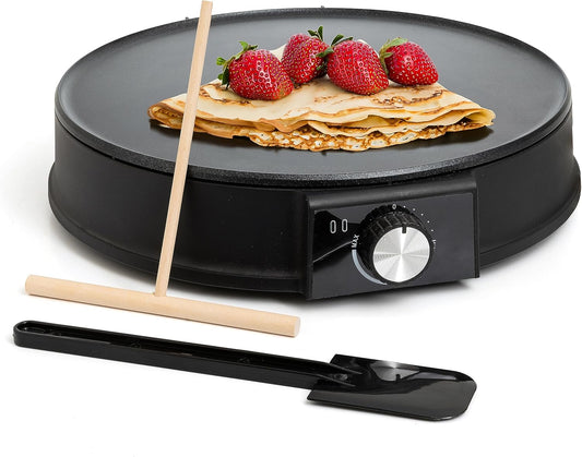 Moss & Stone 12” Electric Griddle Pan & Crepe Machine, Non-Stick Electric Crepe Maker with Adjustable Temperature, Includes Spreader & Spatula – Ideal for Pancakes, Blintzes & Tortillas