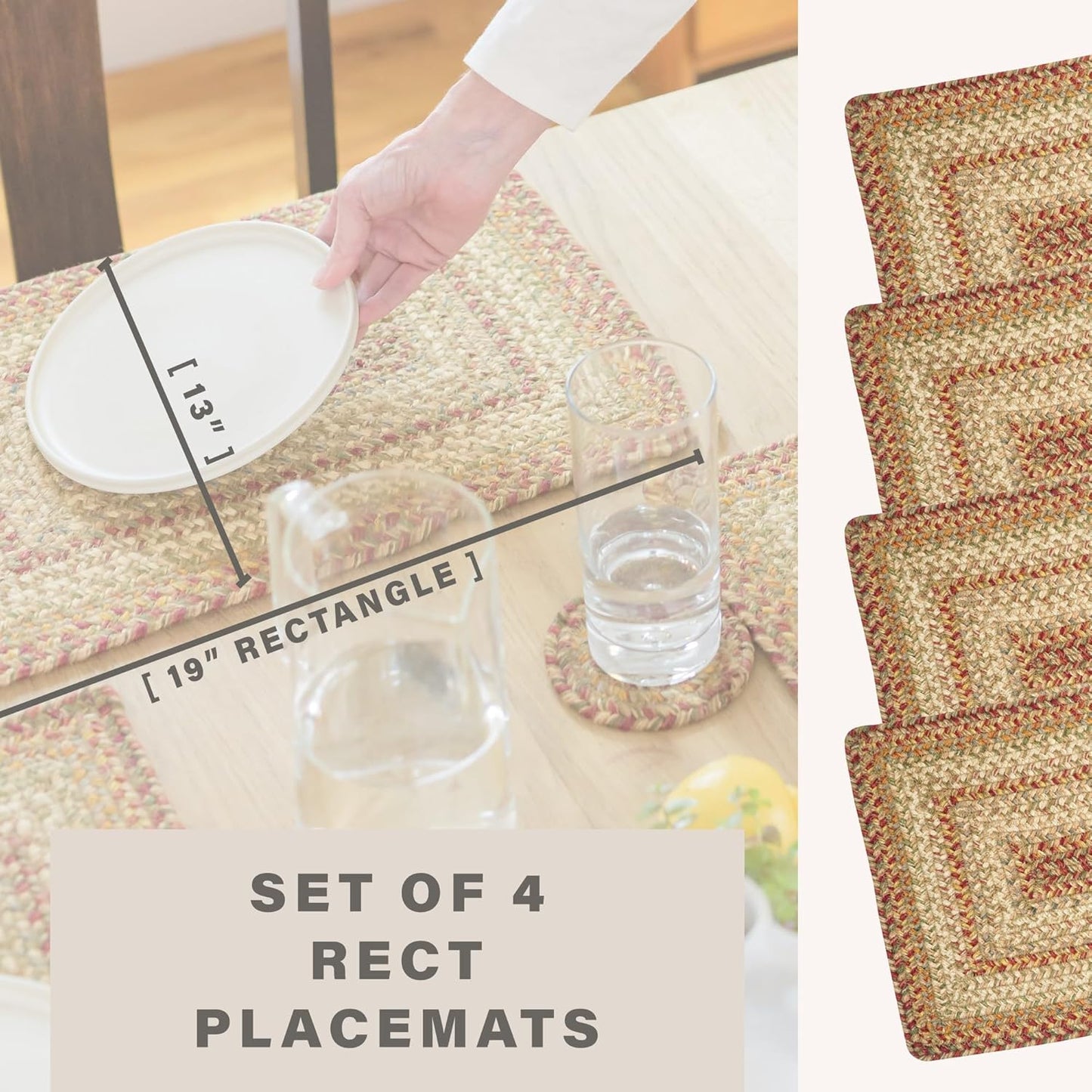 Harvest Jute Woven Placemats, Warm Country Decor, Set of 4, Multicolor 13x19 Rectangle Table Mats - Vibrant Colors, Durable, Easy to Clean and Protects Furniture