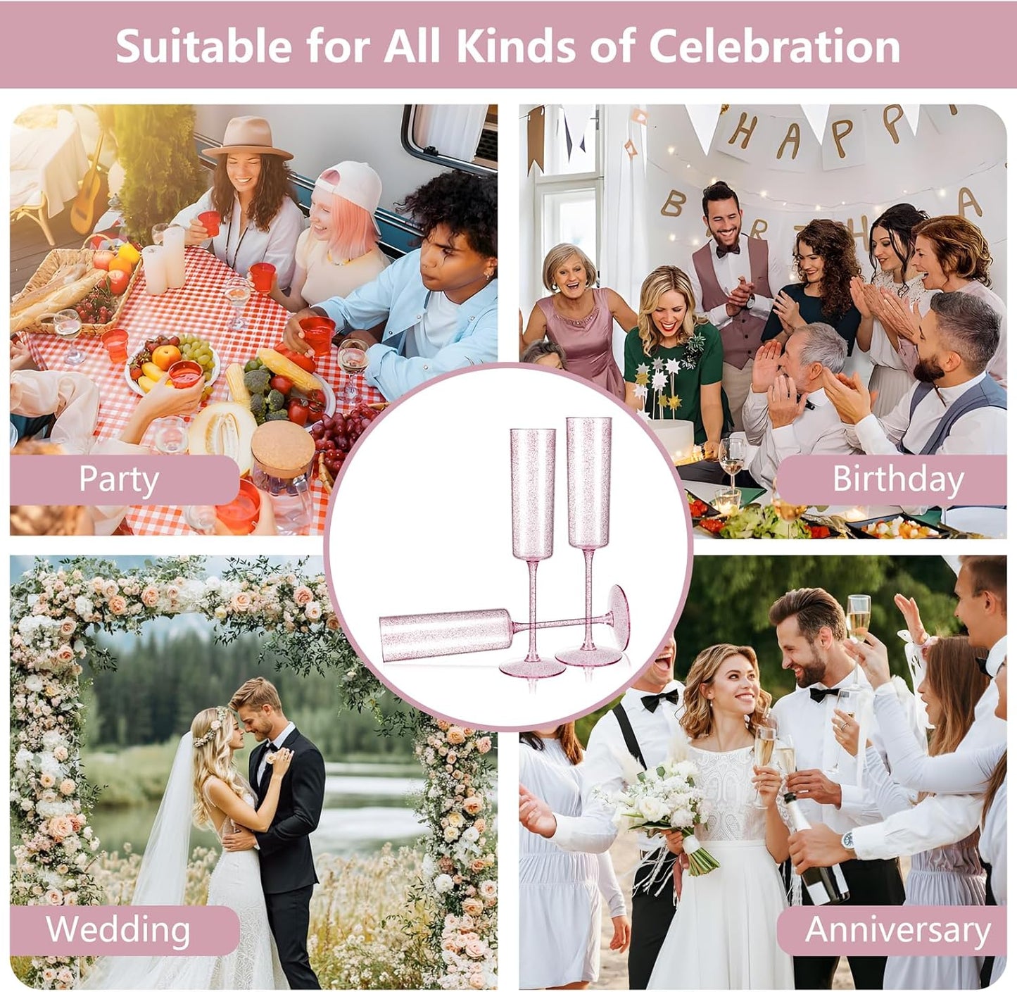 YOUBET 24 Pack Plastic Champagne Flutes - 6 Oz Rose Gold Glitter Disposable Champagne Glasses - Pink Square Plastic Wine Cups Wedding Toasting for Party Birthday Anniversary