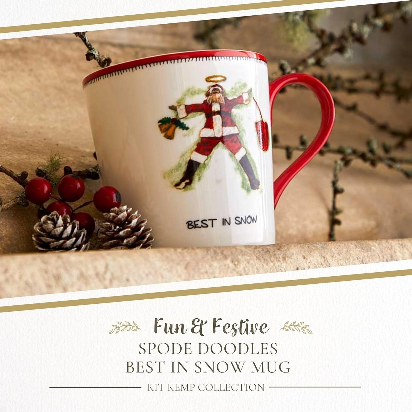 Spode Kit Kemp 12oz Festive Christmas Mug - Best In Snow Doodle Mug, Fine China Dishwasher Safe Holiday Coffee Mug with Handle for Cocoa, Tea, Gifts - A Cheerful Christmas Essential