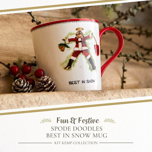 Spode Kit Kemp 12oz Festive Christmas Mug - Best In Snow Doodle Mug, Fine China Dishwasher Safe Holiday Coffee Mug with Handle for Cocoa, Tea, Gifts - A Cheerful Christmas Essential