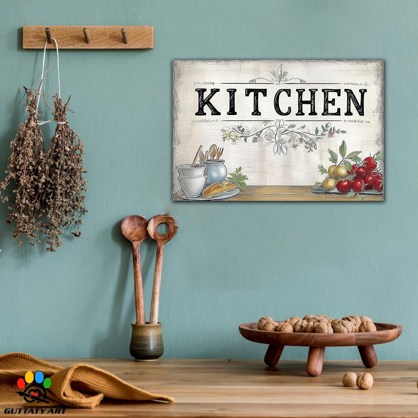 GUTTATY Farmhouse Wall Art Rustic Kitchen Decor, Ready to Hang Kitchen Canvas Print Spoon And Tomato Retro Posters Prints for Dinning Room Home Kitchen Restaurant Painting 12×18 Inch