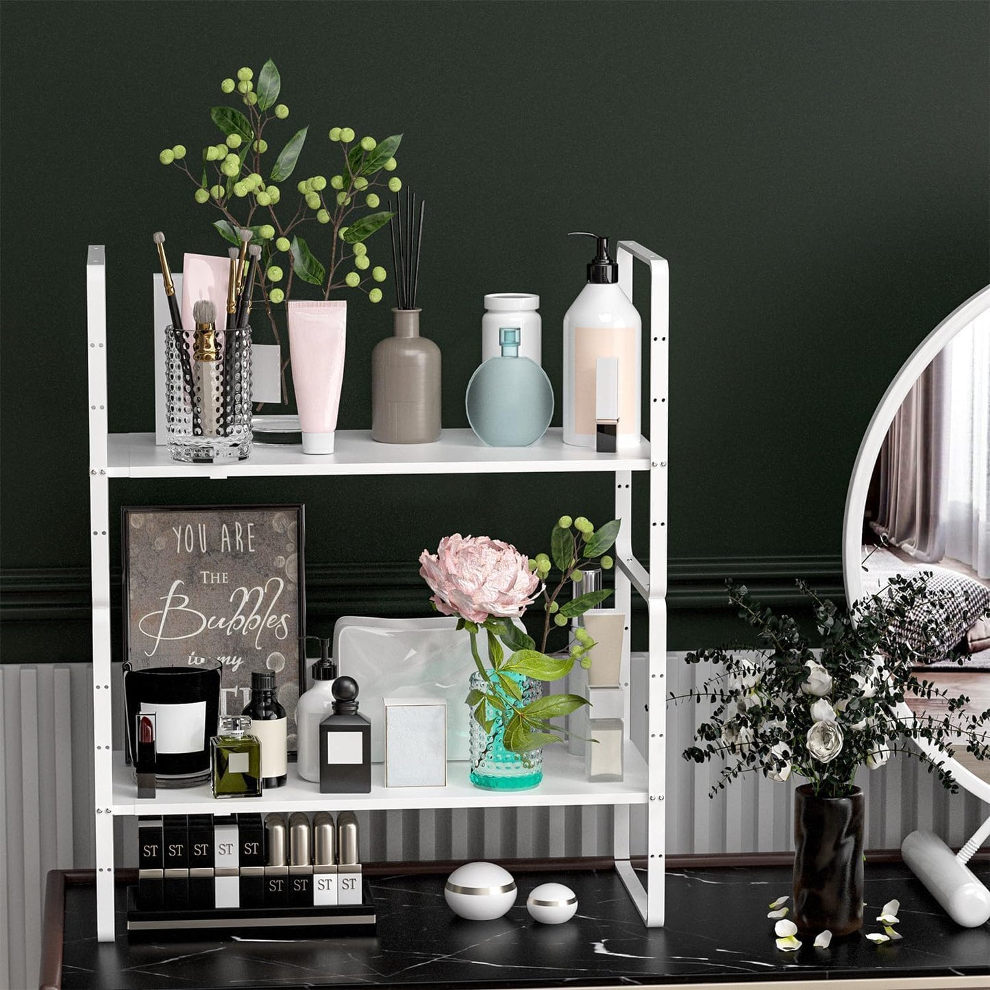 Redrubbit Expandable Cabinet Shelf Organizers, Stackable Kitchen Counter Shelves Spice Rack for Kitchen Bathroom Pantry Cupboard Desk Home Office, Metal Plate Heavy Duty Nonslip White, Set of 3