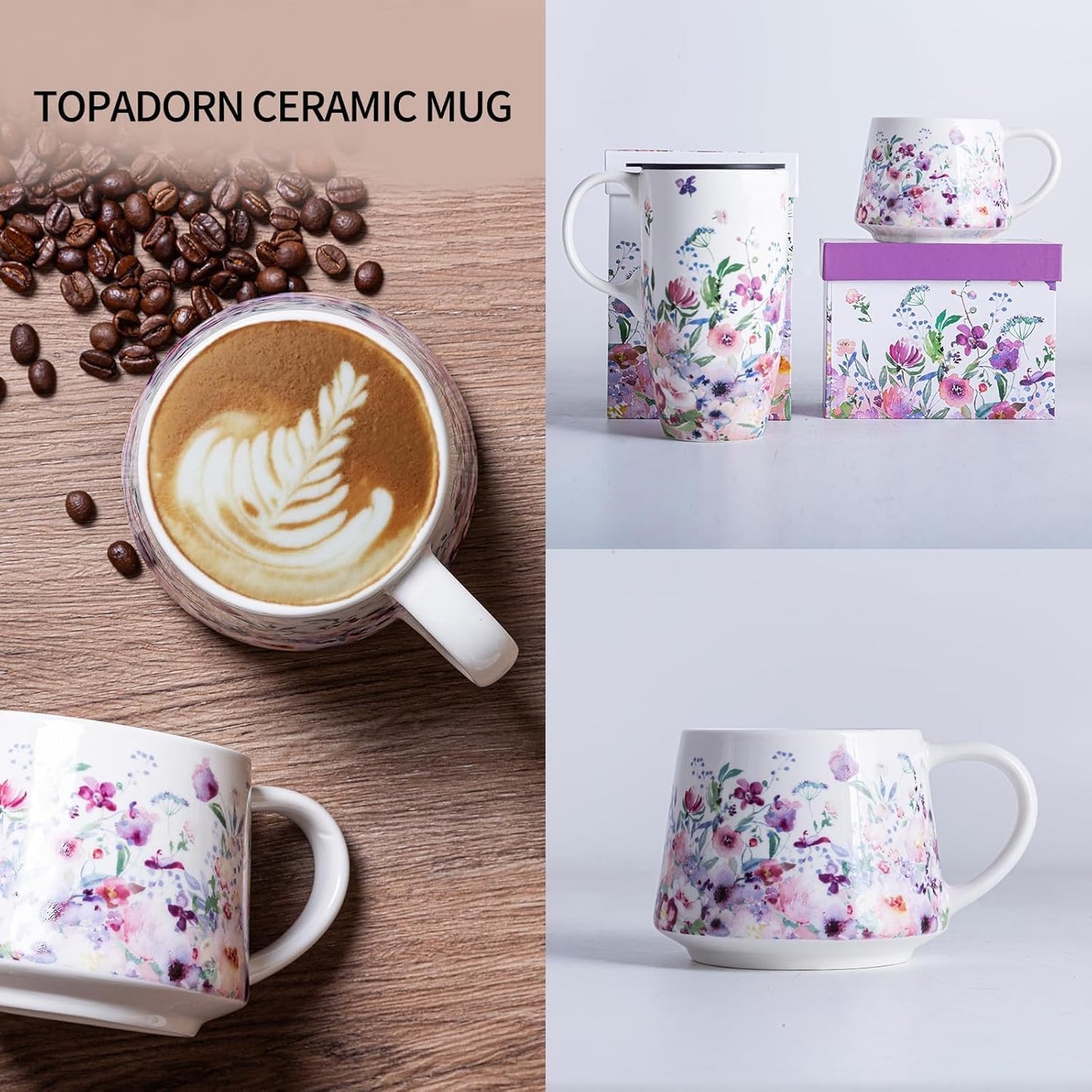 Topadorn Ceramic Coffee Mug 12Oz, Porcelain Coffee Cups With Handle, Microwave & Dishwasher Safe, Pink Flower Art Mug