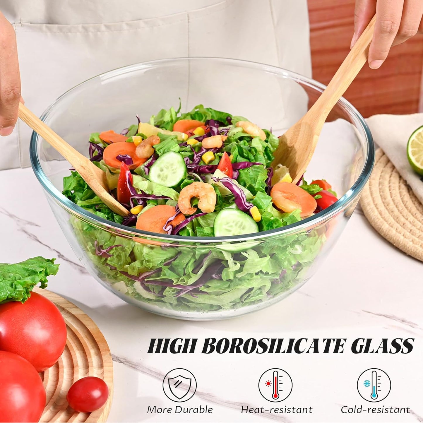 10.6" Glass Salad Bowl with Lid, 4.7 Quart Large Capacity Serving Bowls and Mixing Bowls with Utensils, Versatile Serving Dish for Salads,Fruits,Pasta,Popcorn,Trifle Bowl, Microwave Safe