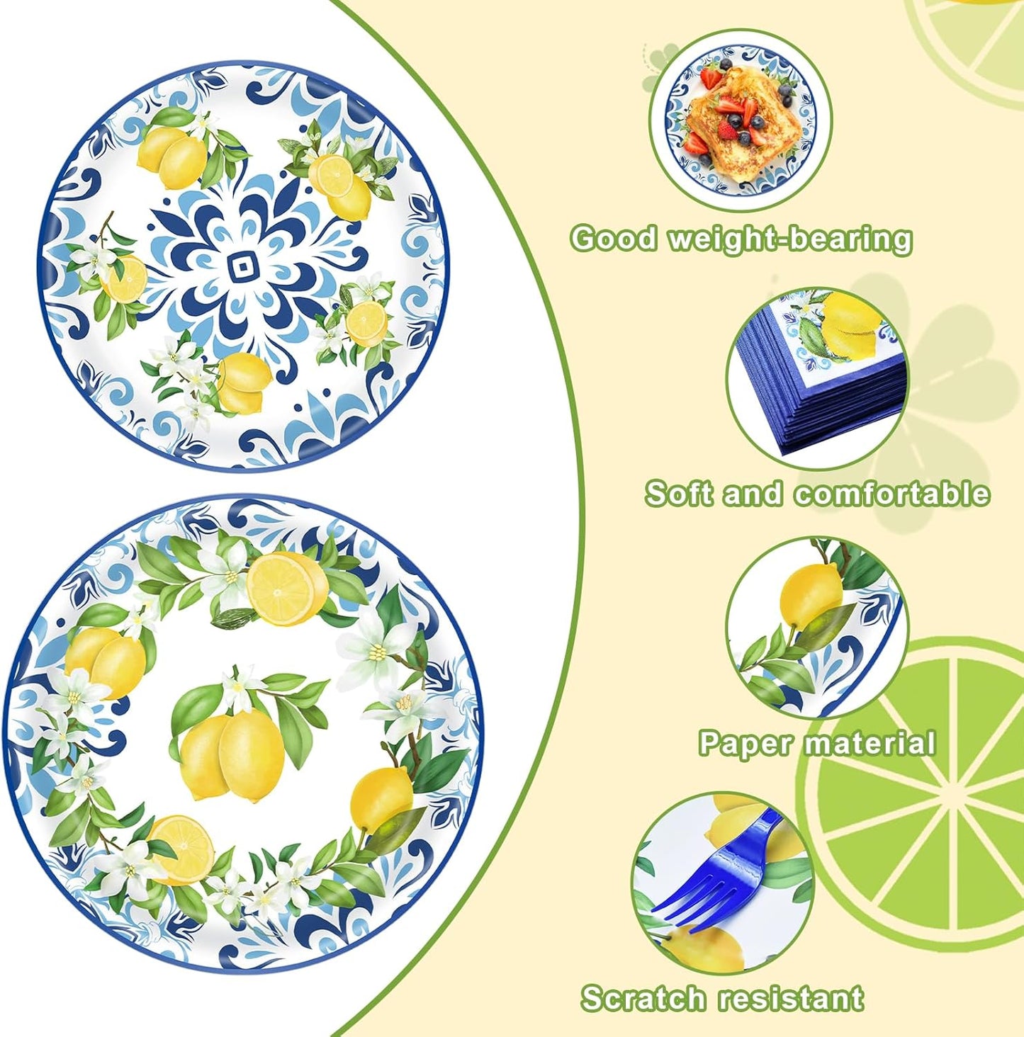 100 Pcs Lemon Tableware Party Supplies – Citrus Theme Blue Tile Disposable Plates, Napkins, and Blue Forks for Summer Parties, Picnics, BBQ, Brunch, Weddings, Birthdays, and Baby Showers – Serves 25