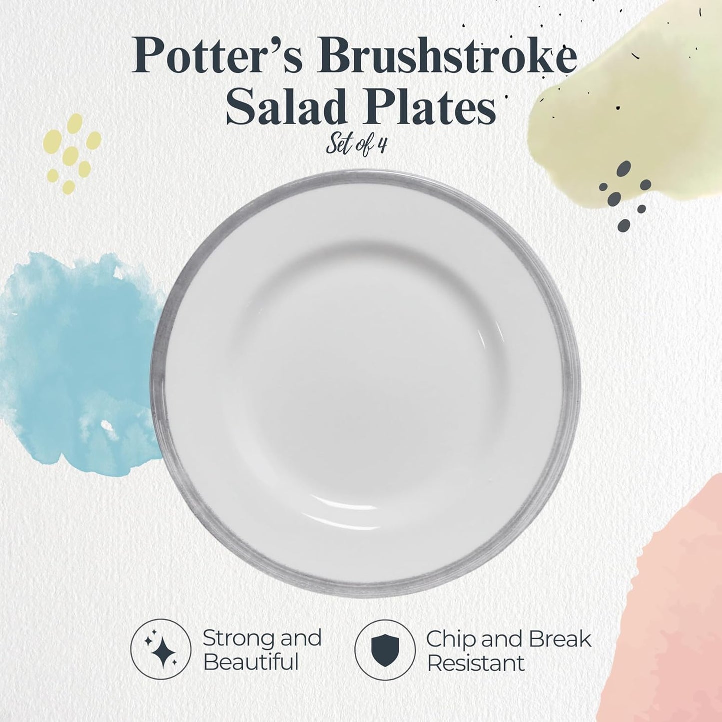 Portmeirion Potter's Brushstroke 8" Dinner Plate (Set of 4) - Handcrafted Earthenware Plates with Accent Rim, Microwave & Dishwasher Safe - Ideal Tableware for Modern & Traditional Dining (Grey)