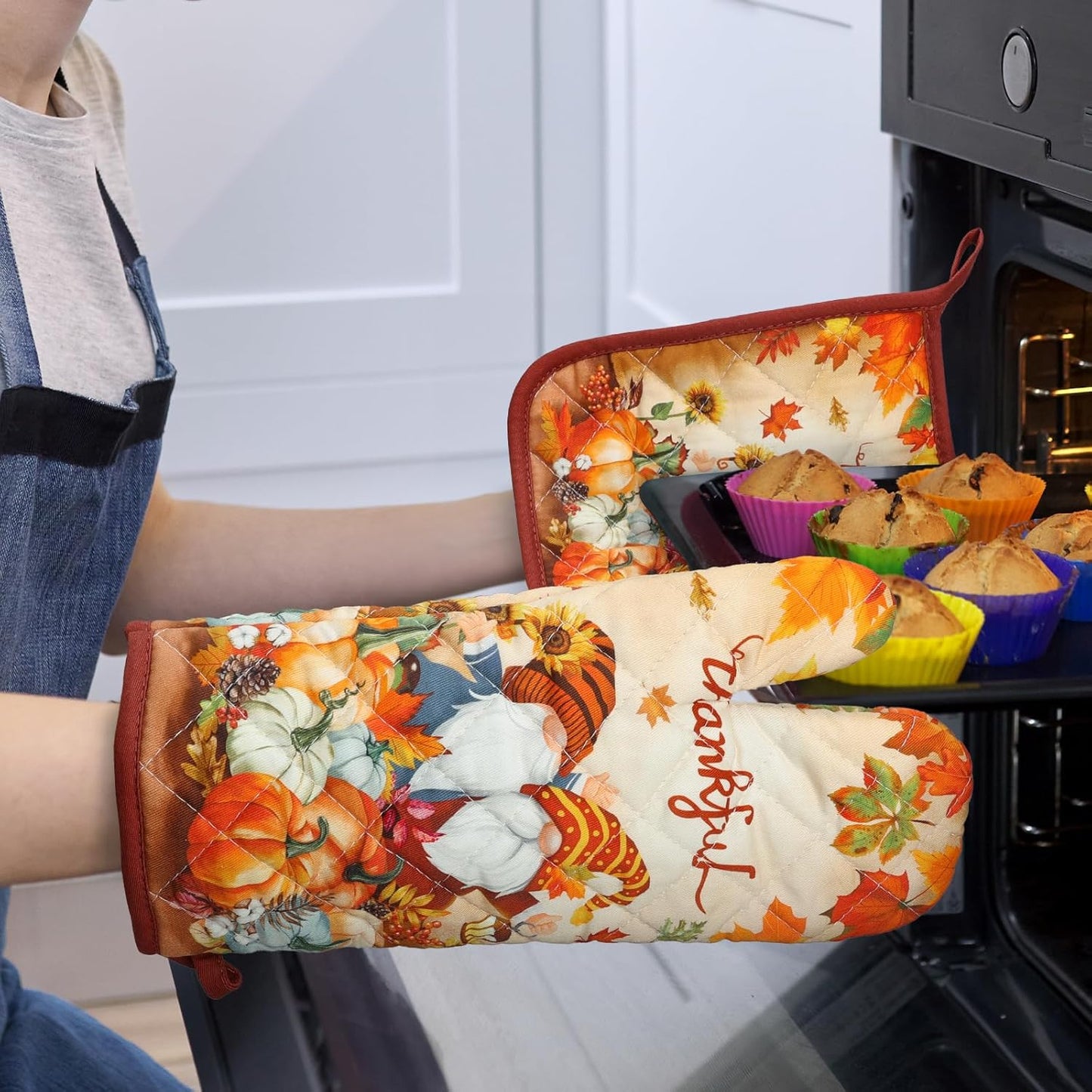Thanksgiving Fall Gnome Oven Mitts and Pot Holders Sets 2Pcs, 100% Cotton Pumpkin Heat Resistant Extra Long Oven Gloves Potholder for Kitchen Cooking Baking Decoration