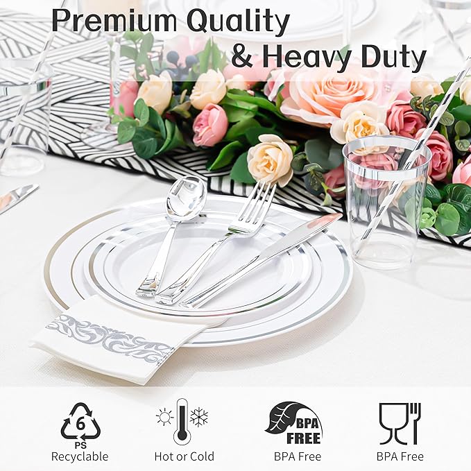175 PCS Silver Dinnerware Set for 25 Guests, Silver Rimmed Heavy Duty Plastic Disposable Plates for Party Wedding with 25 Dinner Plates,Dessert Plates, Silverware Set, Cups, Napkins