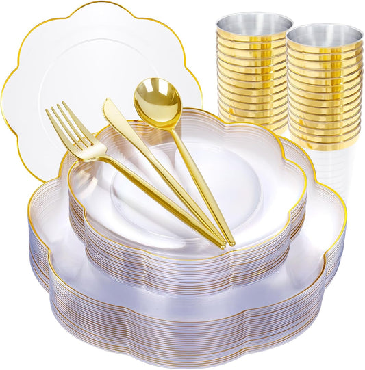 EI 180pcs Clear and Gold Plastic Plates with Gold Plastic Silverware, Plate for Party,Disposable Dinnerware Set,Disposable Plates Heavy Duty Clear Golden Cups for Wedding,Birthday