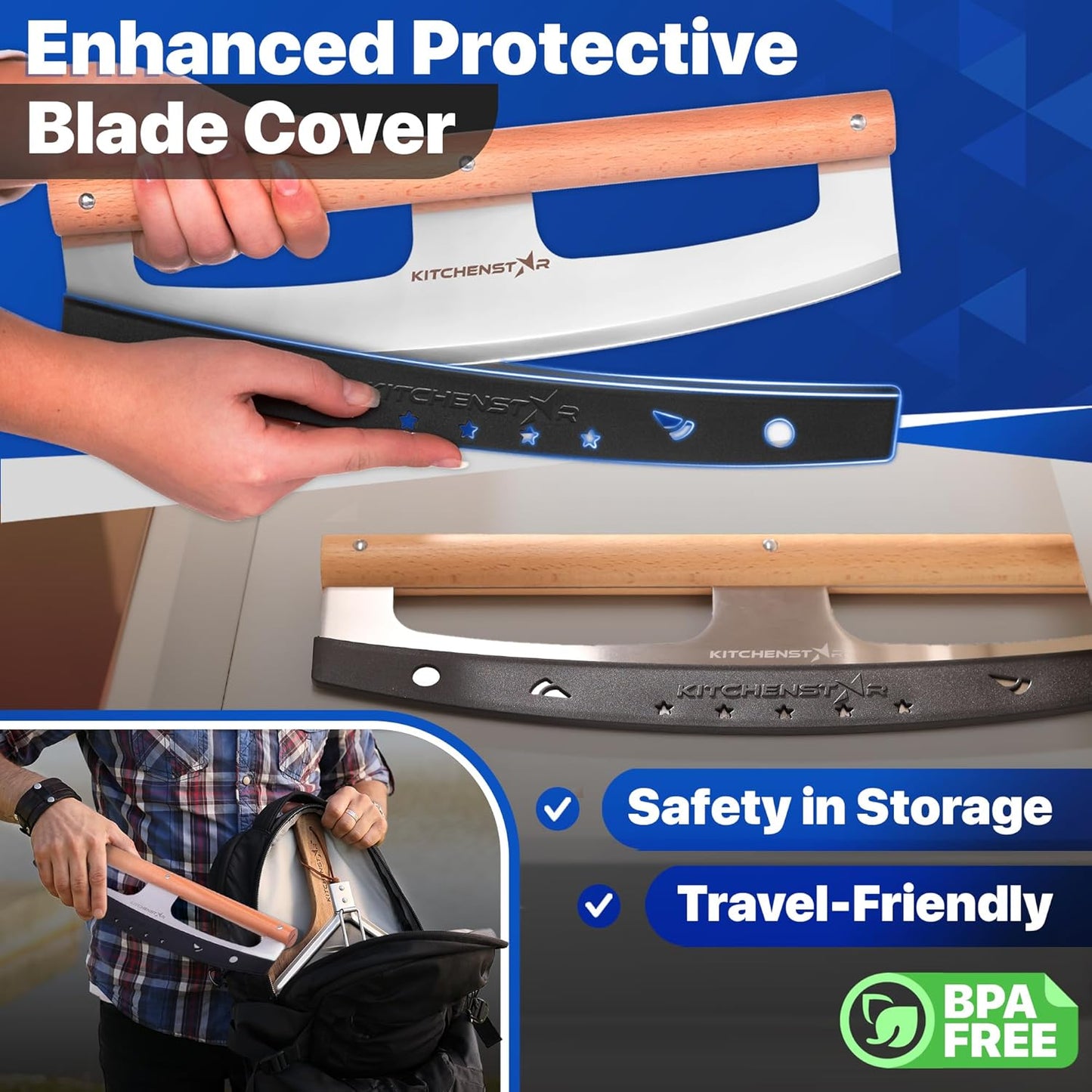 KitchenStar 14-Inch Pizza Cutter Rocker Blade - Razor Sharp Stainless Steel Slicer Knife, Stylish Beech Wood Handle, Protective Cover - Professional Pizza Oven Accessories, Silver