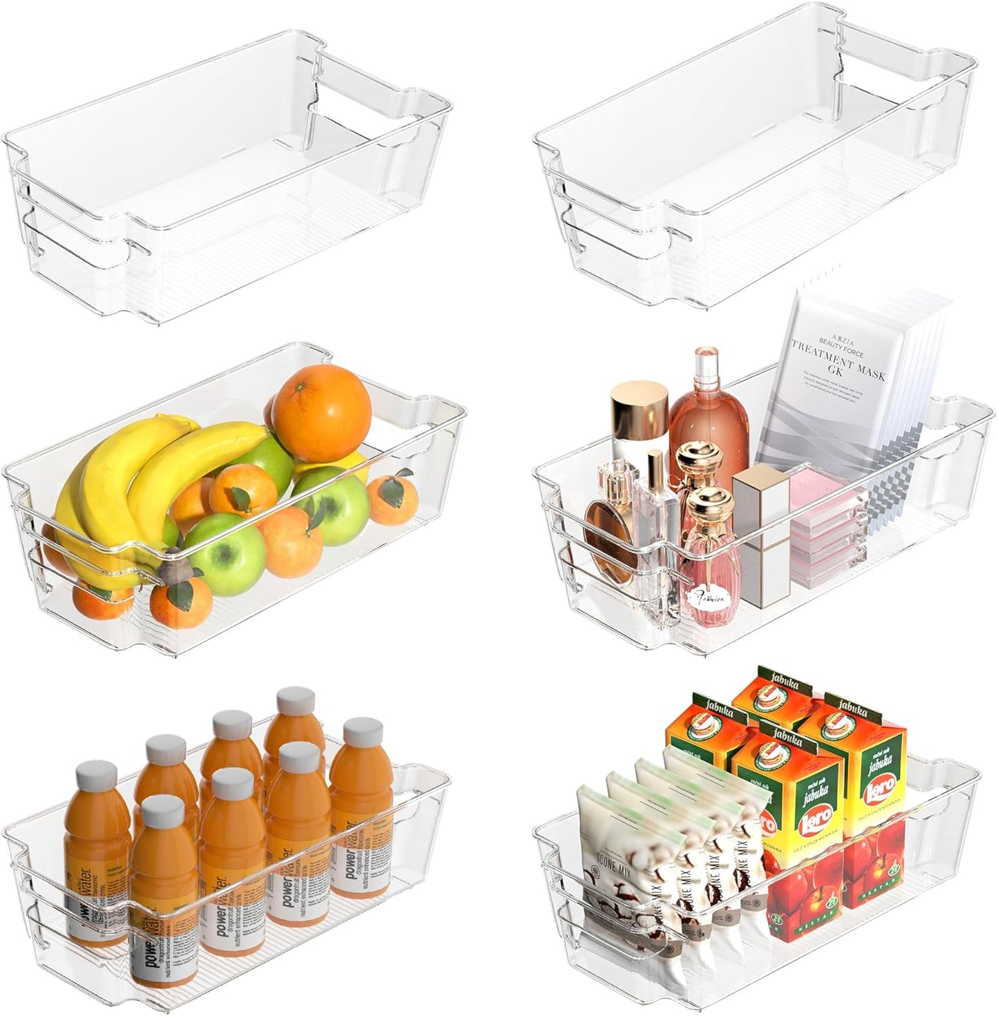 6 Pack Clear Refrigerator Storage Bins, Stackable Plastic Fridge Organizer Kitchen Pantry Storage Bins with Handles for Snacks, Freezer, Kitchen Cupboard, and Cabinet Organization
