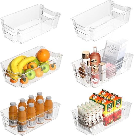 6 Pack Clear Refrigerator Storage Bins, Stackable Plastic Fridge Organizer Kitchen Pantry Storage Bins with Handles for Snacks, Freezer, Kitchen Cupboard, and Cabinet Organization