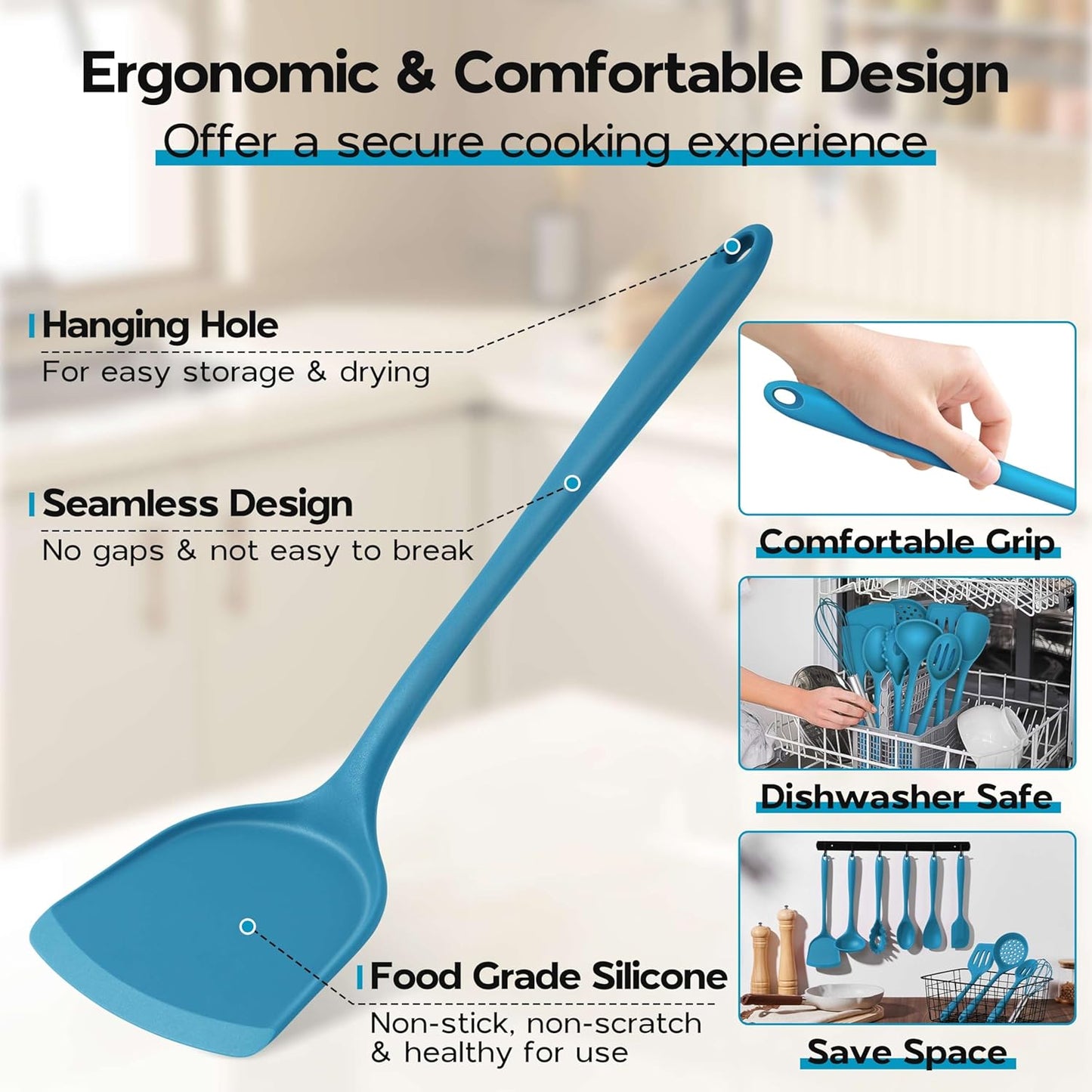 Onader Navy Blue Kitchen Utensils Set, Silicone Cooking Utensils Set of 10 with Turner Spoon Spatula Whisk Pasta Server, Dishwasher Safe