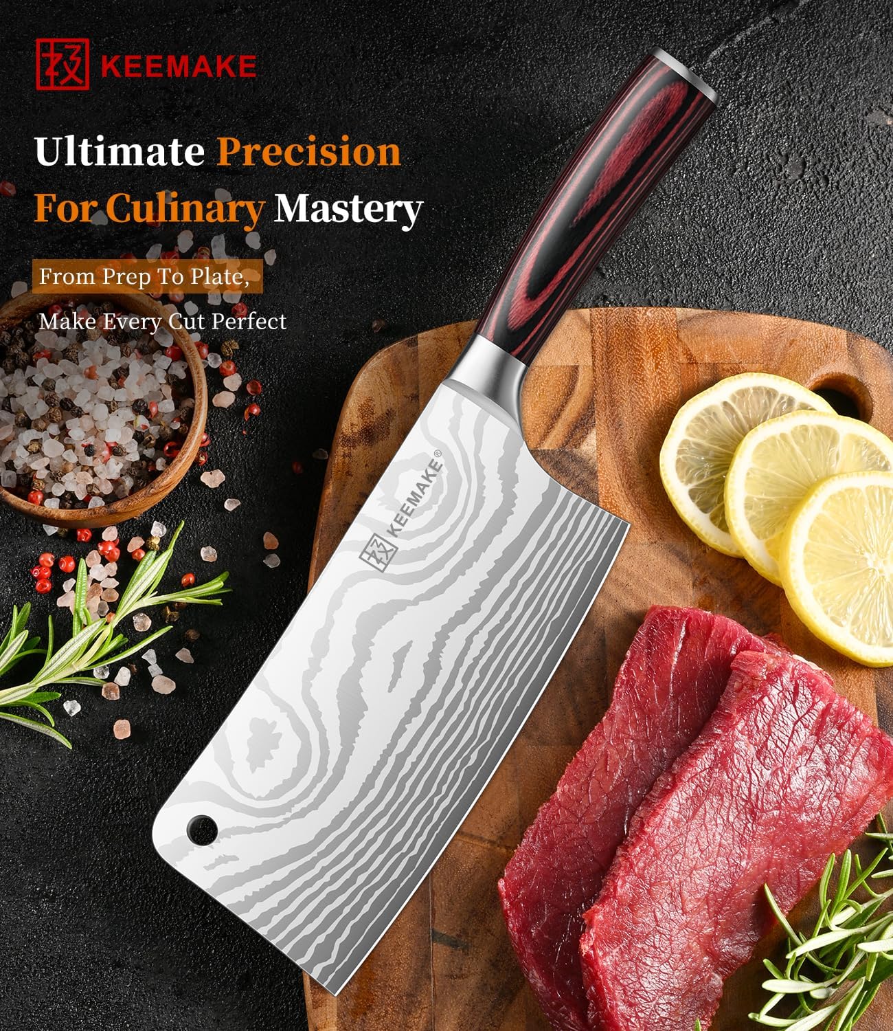 KEEMAKE Meat Cleaver Knife 7-Inch Razor Sharp High Carbon Steel Kitchen Knife, Butcher Knife Perfect for Chopping Meat & Veggies, Pakkawood Handle Ideal for Home & Professional Chefs, W/Sheath