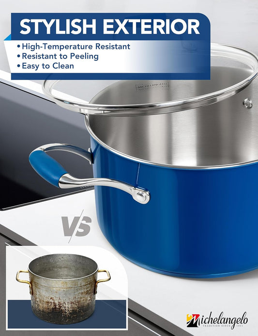 MICHELANGELO Stainless Steel Stock Pots - Induction Soup Pot with Lid, 6 Qt Non-Toxic Cooking Pot, Oven & Dishwasher Safe, Blue Exterior