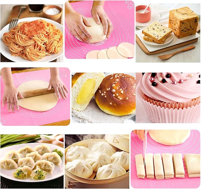 Silicone Pink 70x50cm Baking Mat Sheet Pastry Mat with Measurement, Non-Slip Pastry Rolling Mat, Non-Stick Dough Kneading Board Mat, Bread Fondant Mat, Cooking Bakeware Mat Table Placemat(Scraper)