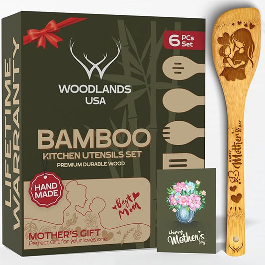Wooden Spoons for Cooking & Kitchen gifts for mom - 6-Piece Wooden Utensil Set with Spatulas & Spoons, Heat-Resistant, Eco-Friendly Kitchen Utensils for Non-Stick Cookware (mom gifts) - gifts for her