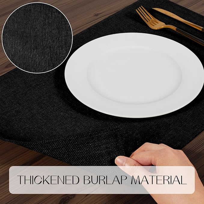 Romanstile Cloth Placemats Set of 8-12 x 18 Inch, Heat Resistant Double Layered Thickened Burlap Place Mats, Washable Faux Linen Farmhouse Table Mats for Kitchen/Dining/Party/Outdoor, Black