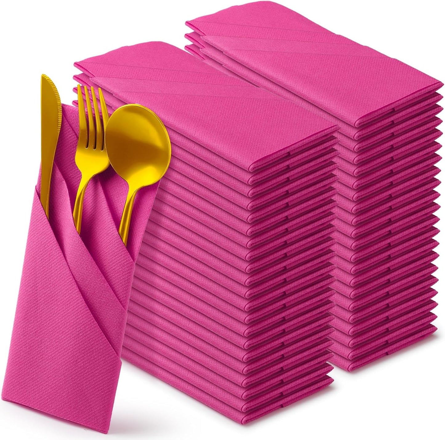 Qilery 100 Pcs Paper Linen Napkins Disposable Airlaid Paper Prefolded Dinner Napkins with Built in Flatware Pocket for Silverware Valentine Wedding Party Christmas Day (Hot Pink)