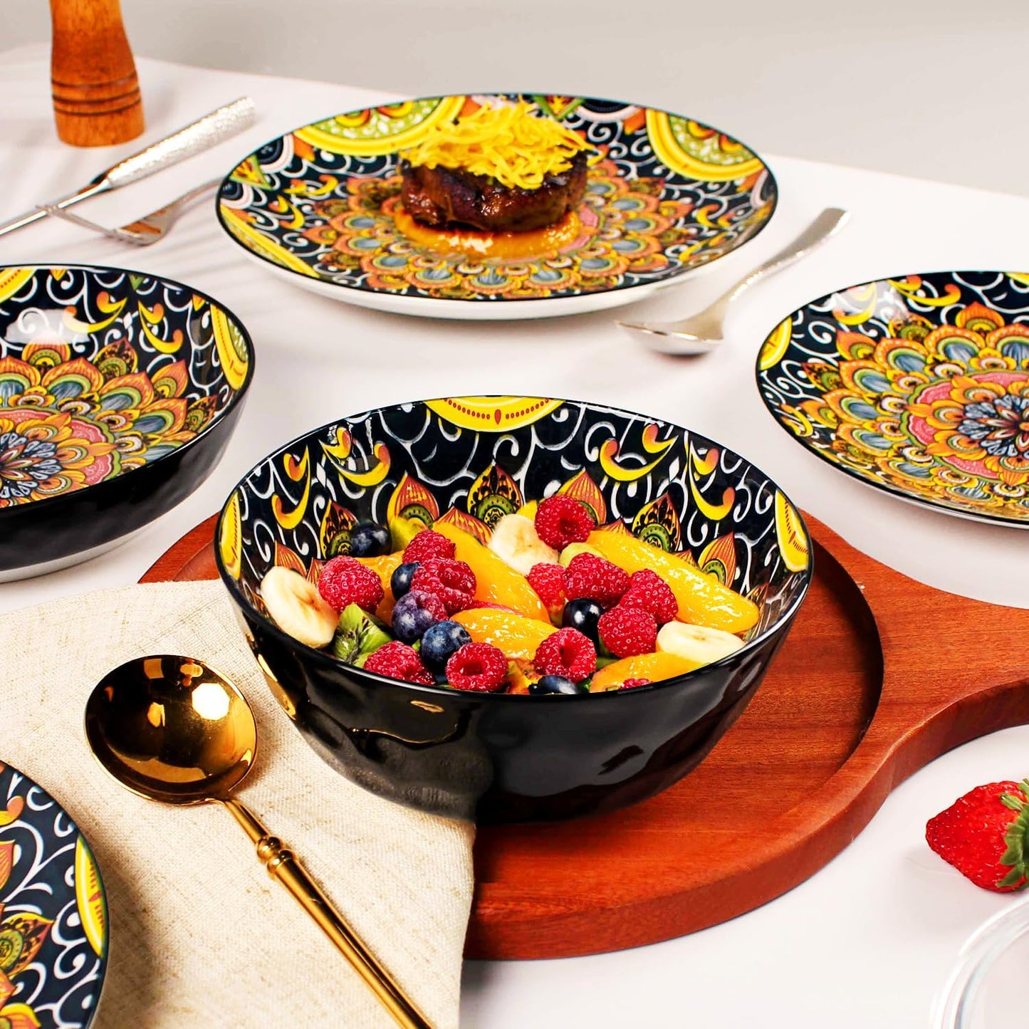Mandala Dinnerware Sets, Plates and Bowls Set, Porcelain Dishes (16 Pieces) Service for 4, Zanzibar, Bohemian Style Dining Ware, for Kitchen and Dining Multicolor Dinnerware Set, Black