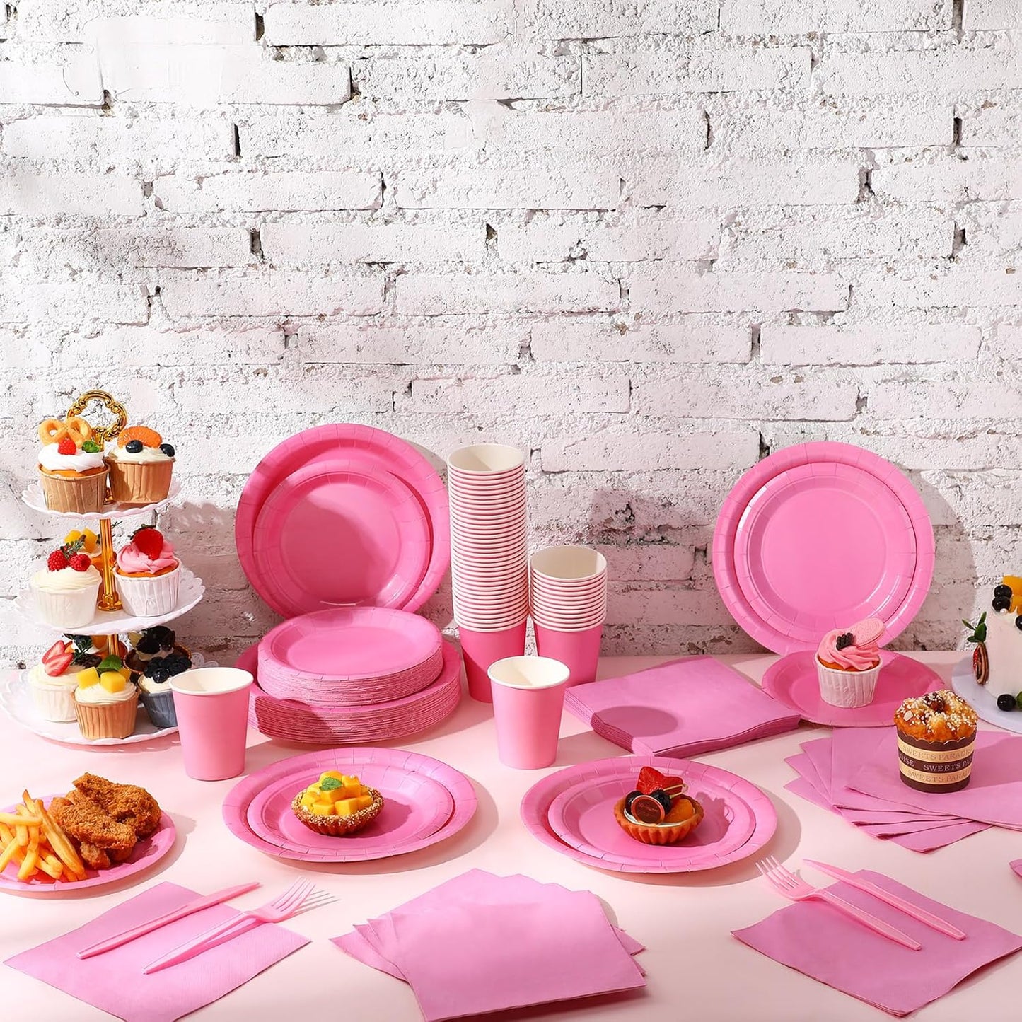 Tioncy 200 Pcs Disposable Paper Plates Cups and Napkins Party Supplies Serve 50 Guests Disposable Paper Dinnerware Set for Halloween Birthday Wedding Baby Shower Family Picnic(Pink)