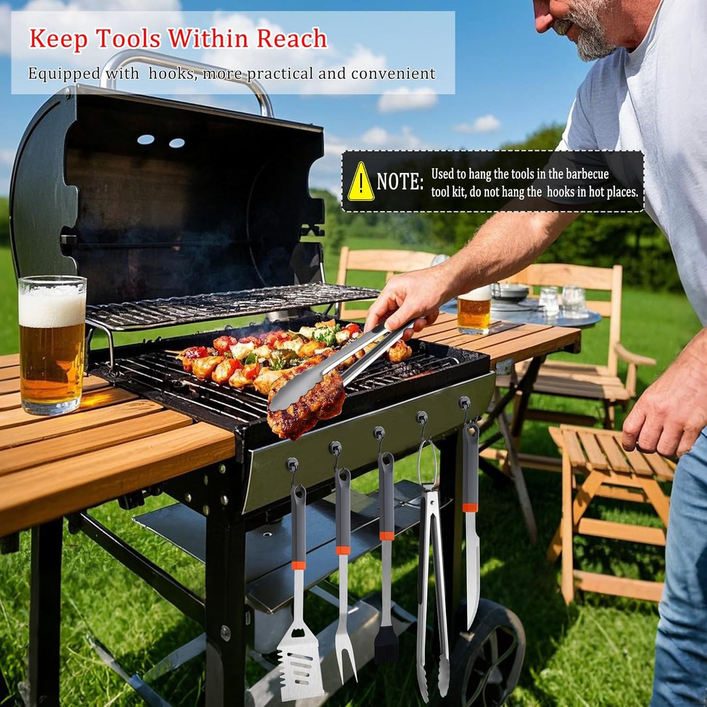 11-Piece Grill Tools Set, BBQ Grilling Accessories with Tongs & Spatua, Stainless Steel Portable Grill Tools Kit with Hooks & Apron Storage Bag for Camping, Grilling Gifts for Men Dad