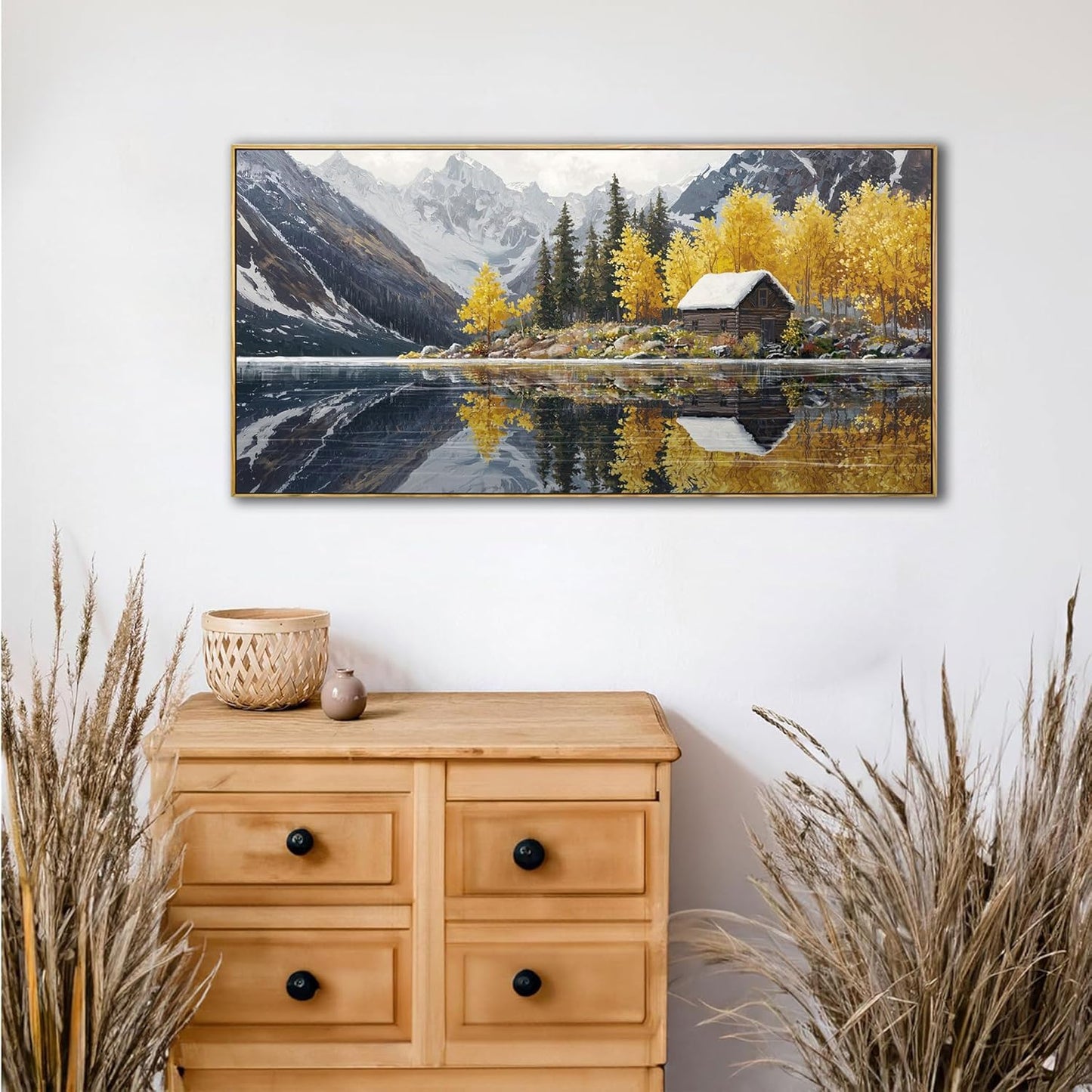 KLAKLA Living Room Wall Art - Tranquil Lake Cabin Orange Tree Forest Snowy Mountain Canvas Wall Decor Oversize Landscape Picture Framed Artwork for Bedroom Office Walls Home Decoration 40x20 Inches