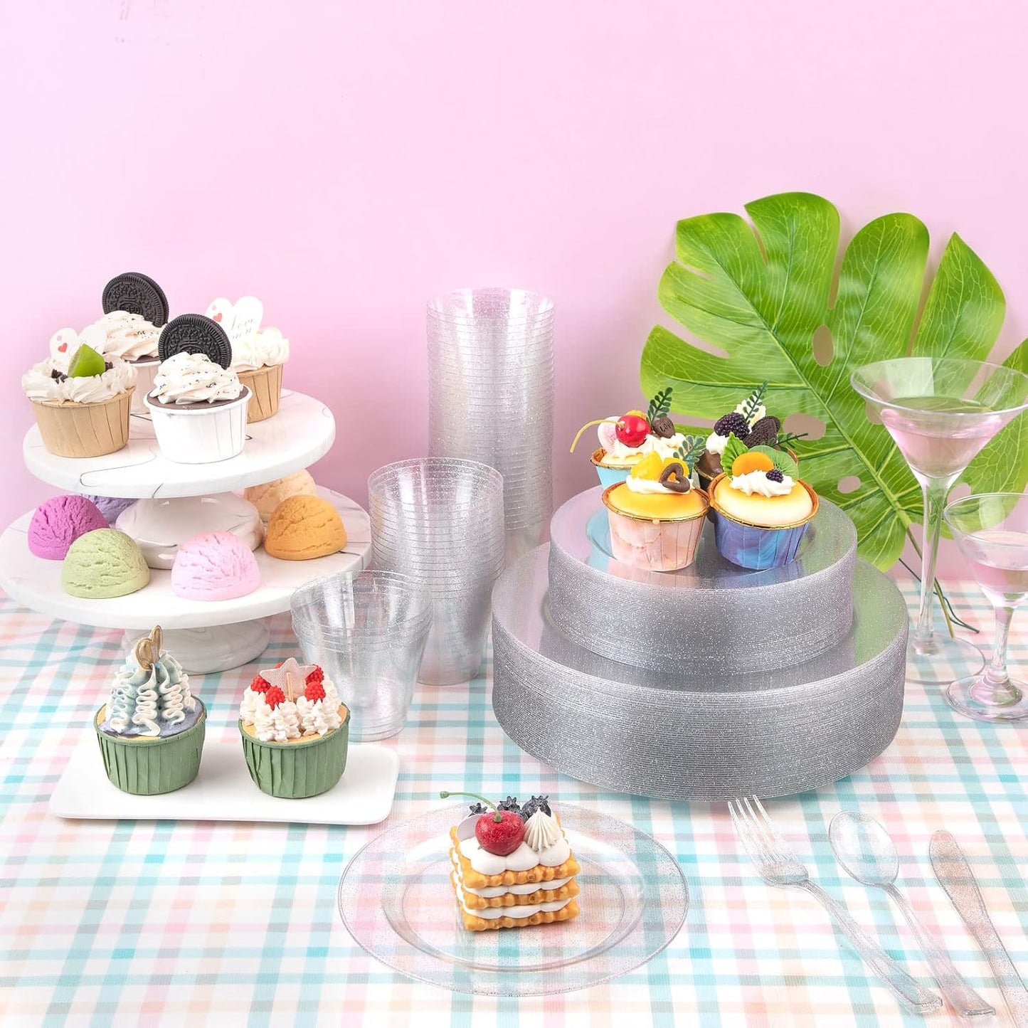 DaYammi 350 Pieces Silver Glitter Dinnerware Set 50 Guest for Party- 50 Dinner Plates, 50 Dessert Plates- 50 Per Rolled Napkins with Silver Cutlery- 50 Disposable Cups 9 OZ