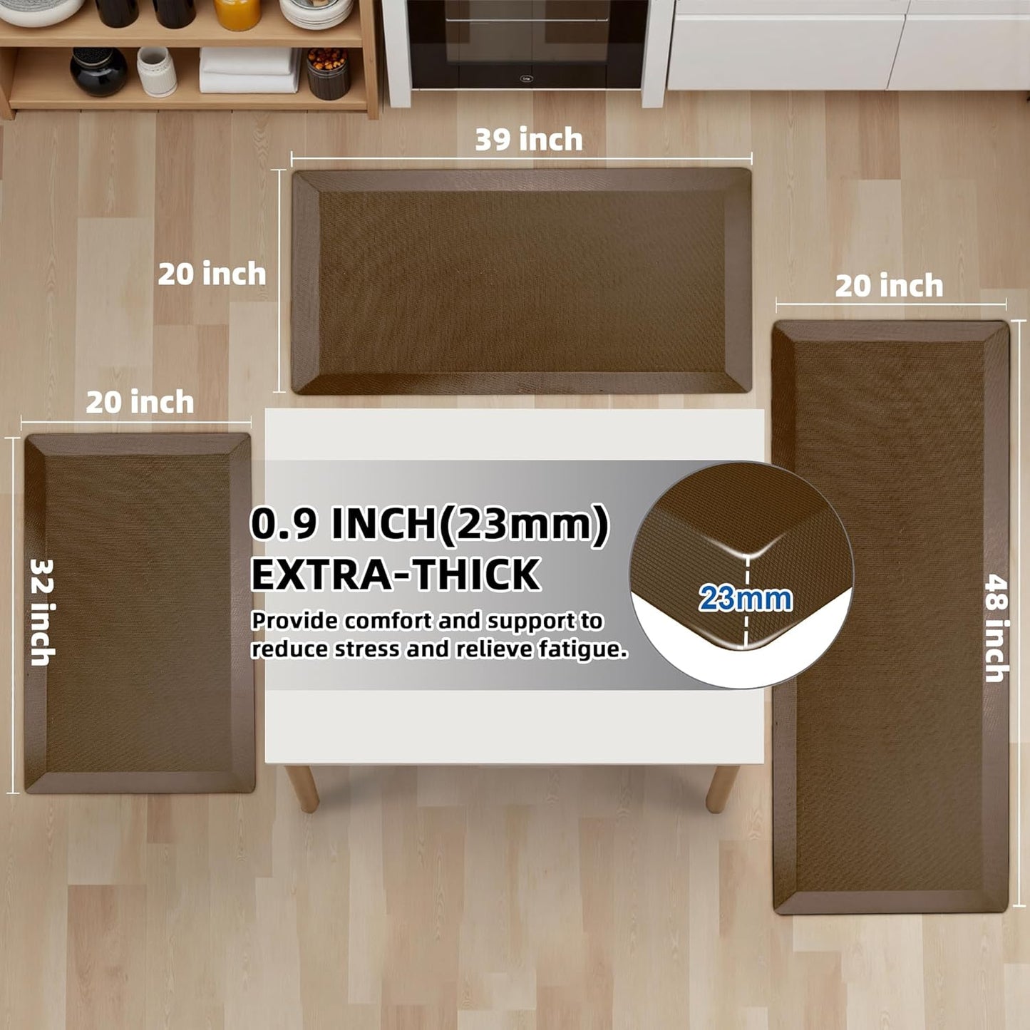 2 PCS Anti Fatigue Kitchen Mats for Floor, Brown 9/10 Extra Thick Cushioned Standing Desk Mat, Comfort Memory Foam Ergonomic Rugs and Mats Non-Slip Waterproof for Office, Kitchen, 20"x32"+20"x32"